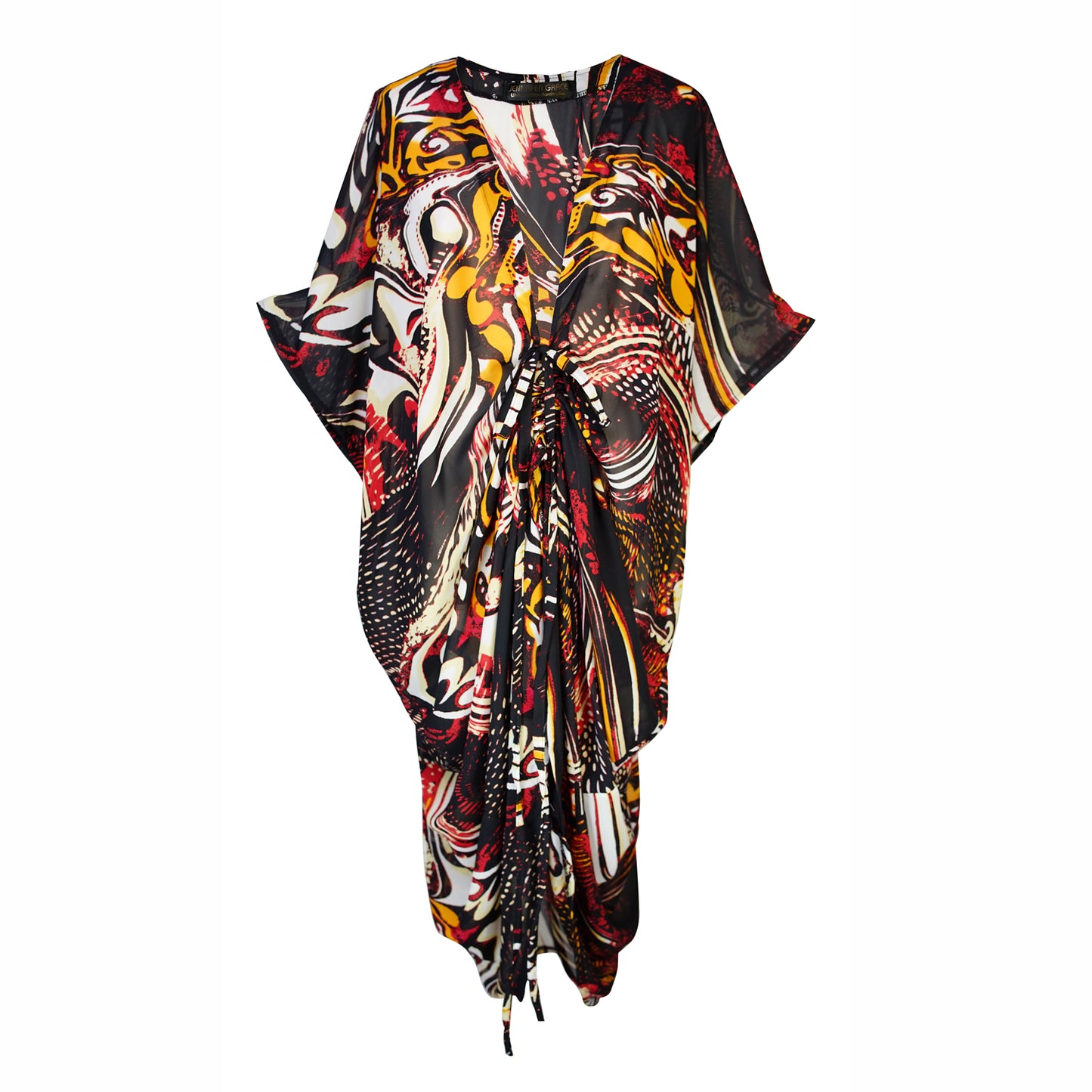 jennafer grace Actius caftan in rouge abstract molten lava marble print red black orange white kaftan mumu shift dress coverup casual boho bohemian hippie beach resort spa lounge loungewear layering unisex handmade in California USA