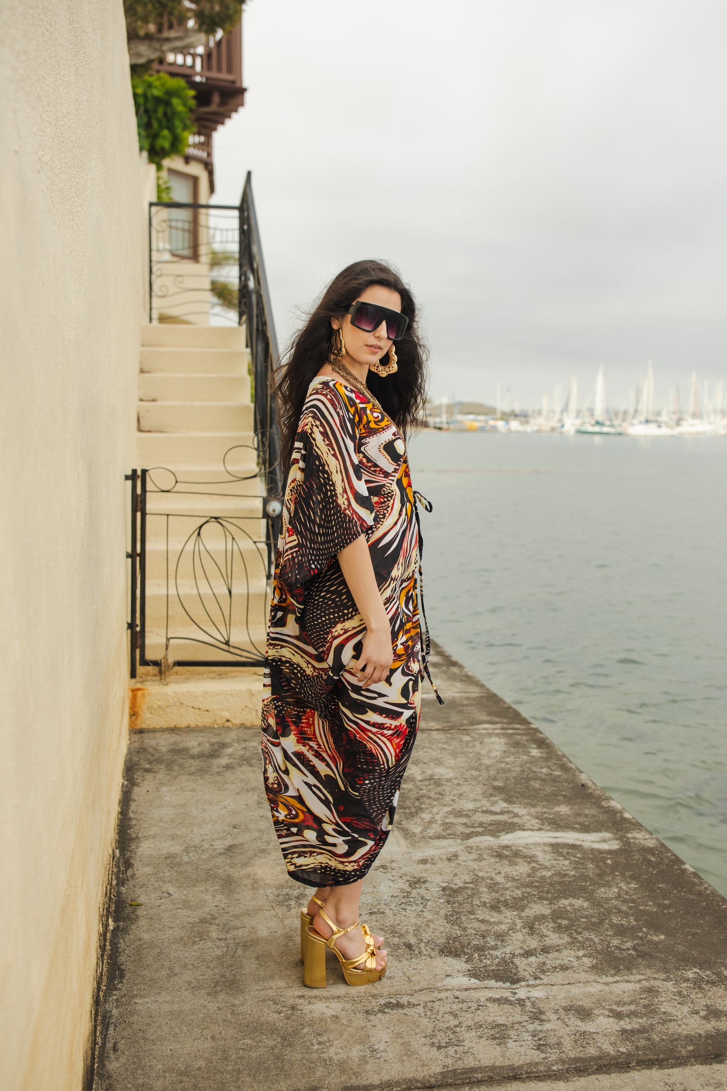 jennafer grace Actius caftan in rouge abstract molten lava marble print red black orange white kaftan mumu shift dress coverup casual boho bohemian hippie beach resort spa lounge loungewear layering unisex handmade in California USA