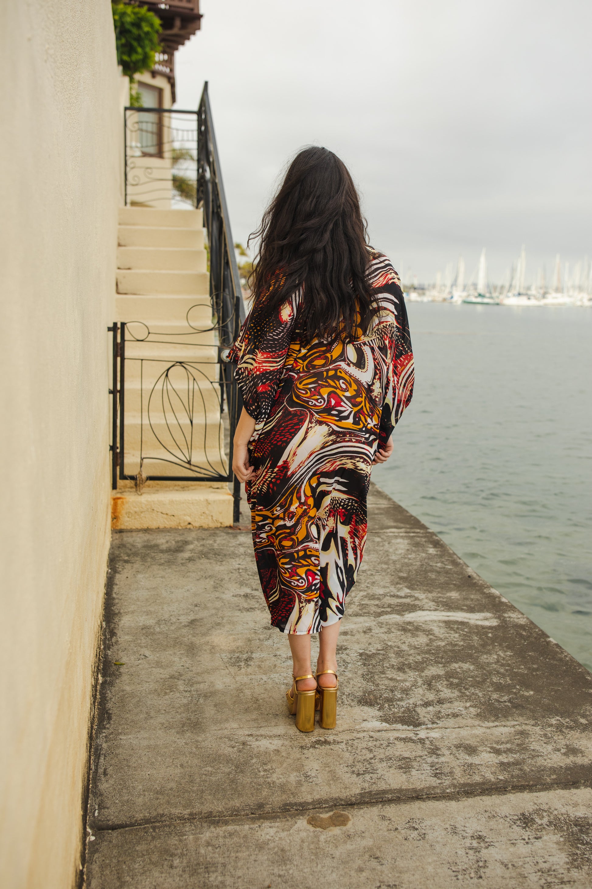 jennafer grace Actius caftan in rouge abstract molten lava marble print red black orange white kaftan mumu shift dress coverup casual boho bohemian hippie beach resort spa lounge loungewear layering unisex handmade in California USA