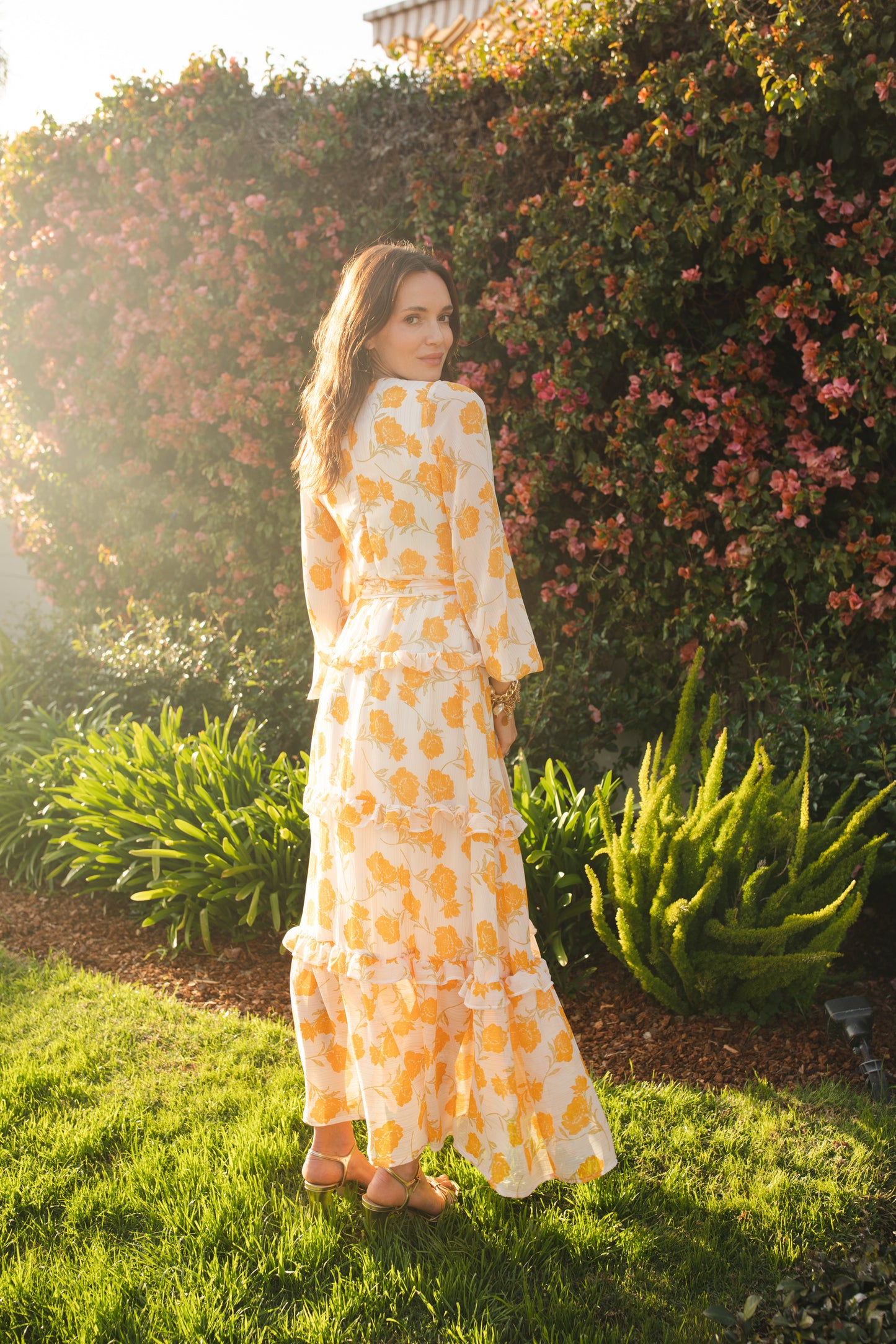 jennafer grace Amarillo Love Maxi Dress white with yellow flowers elegant simplicity high neck long sleeve cinched waist tie tiered skirt boho bohemian hippie romantic whimsical holiday dress spring floral handmade in California USA