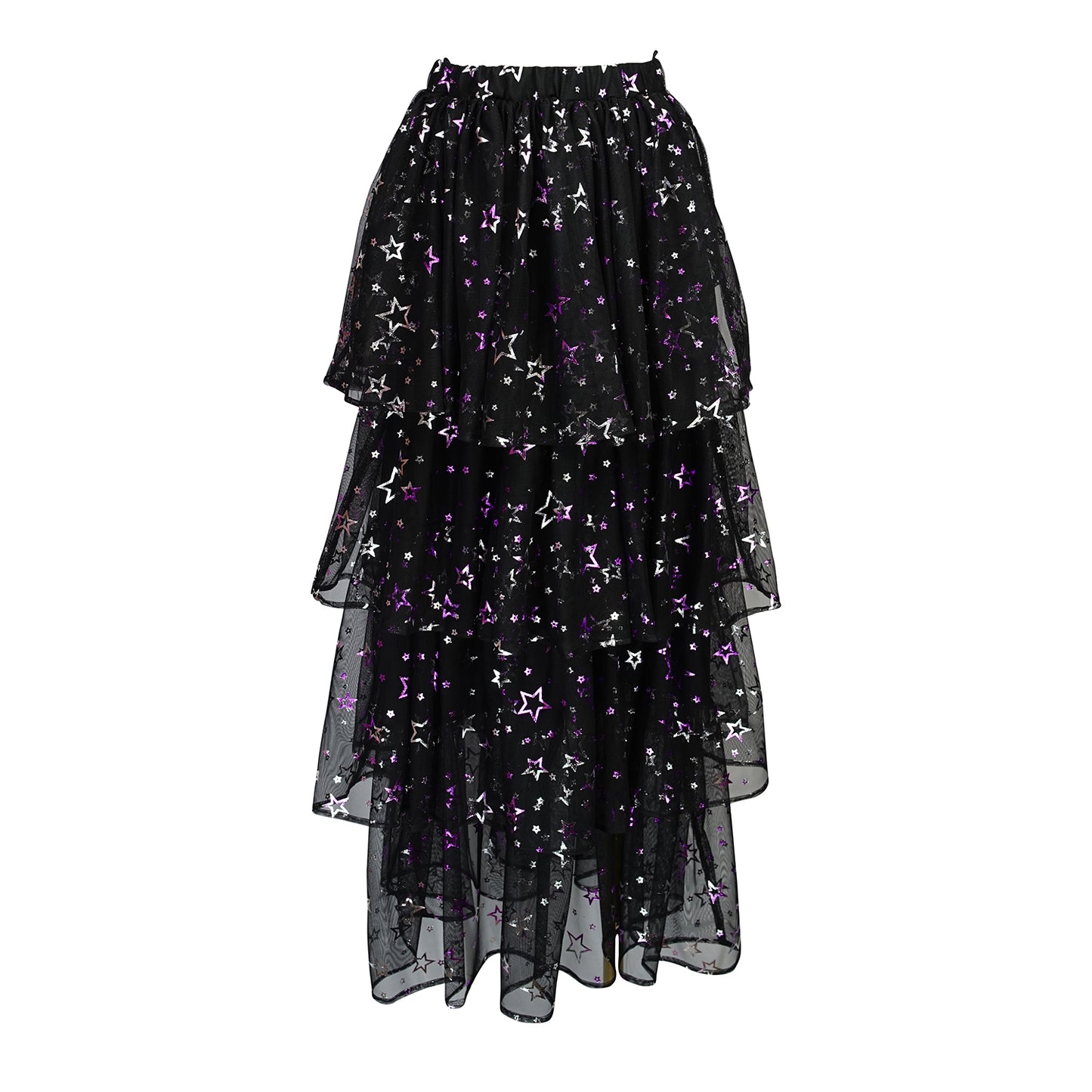 A tiered maxi skirt. Crafted with four tiers of layered black and metallic silver/purple stars and an elastic waist for all-day comfort. High waist with ankle hem.