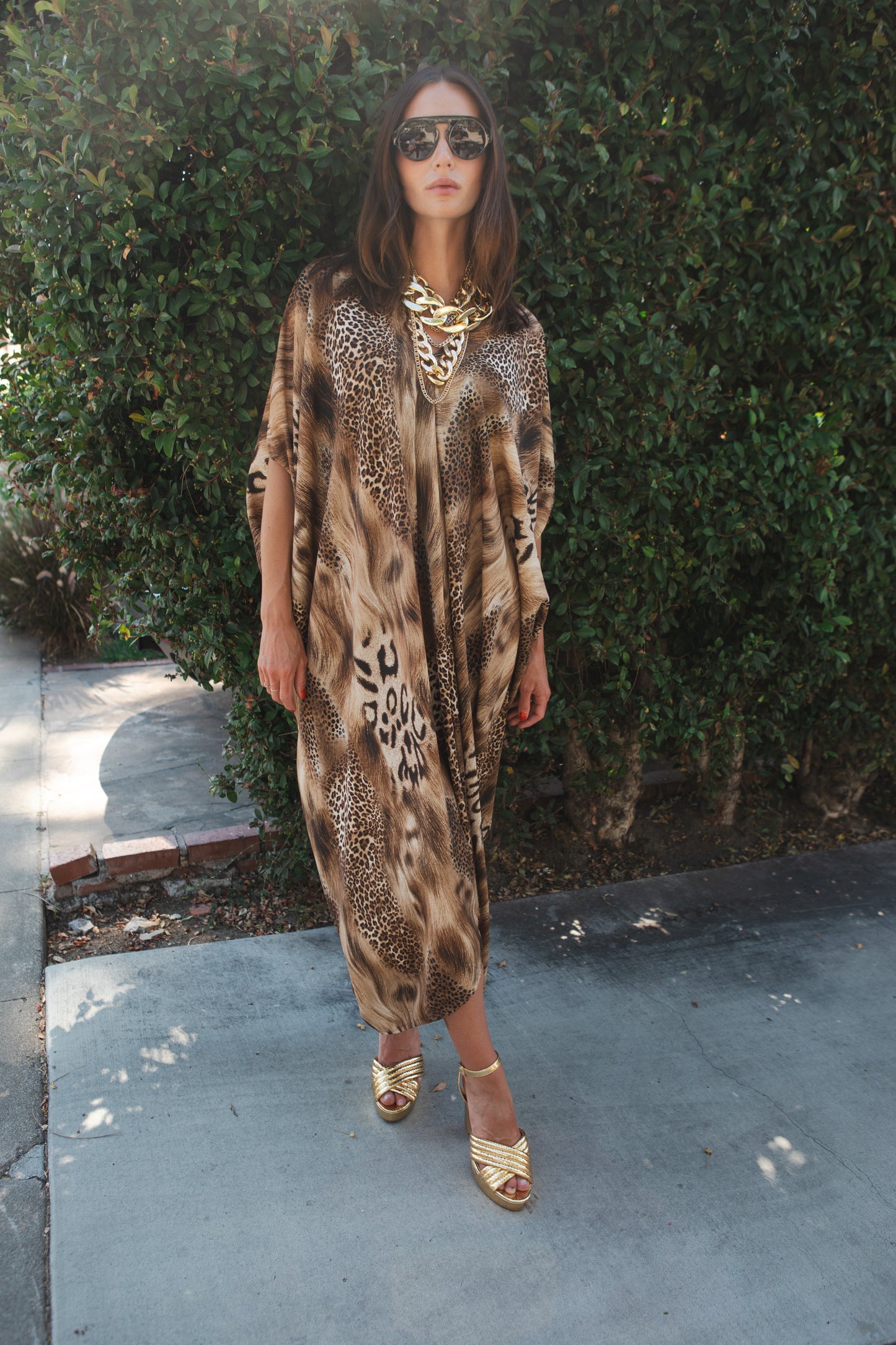 jennafer grace Animalon Caftan neutral tan brown black mixed big cat print leopard cheetah lion patterned kaftan mumu shift dress coverup casual boho bohemian hippie beach resort spa lounge loungewear layering unisex handmade in California USA