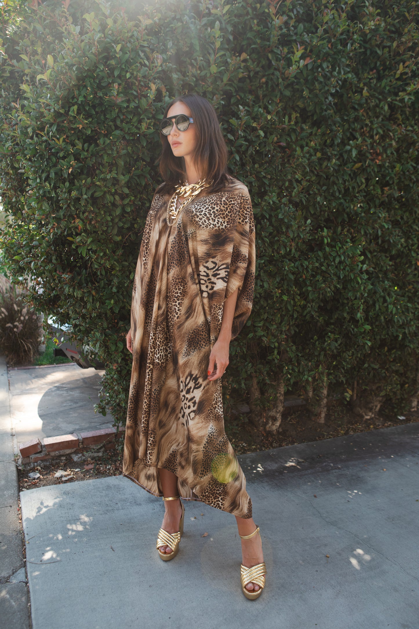 jennafer grace Animalon Caftan neutral tan brown black mixed big cat print leopard cheetah lion patterned kaftan mumu shift dress coverup casual boho bohemian hippie beach resort spa lounge loungewear layering unisex handmade in California USA