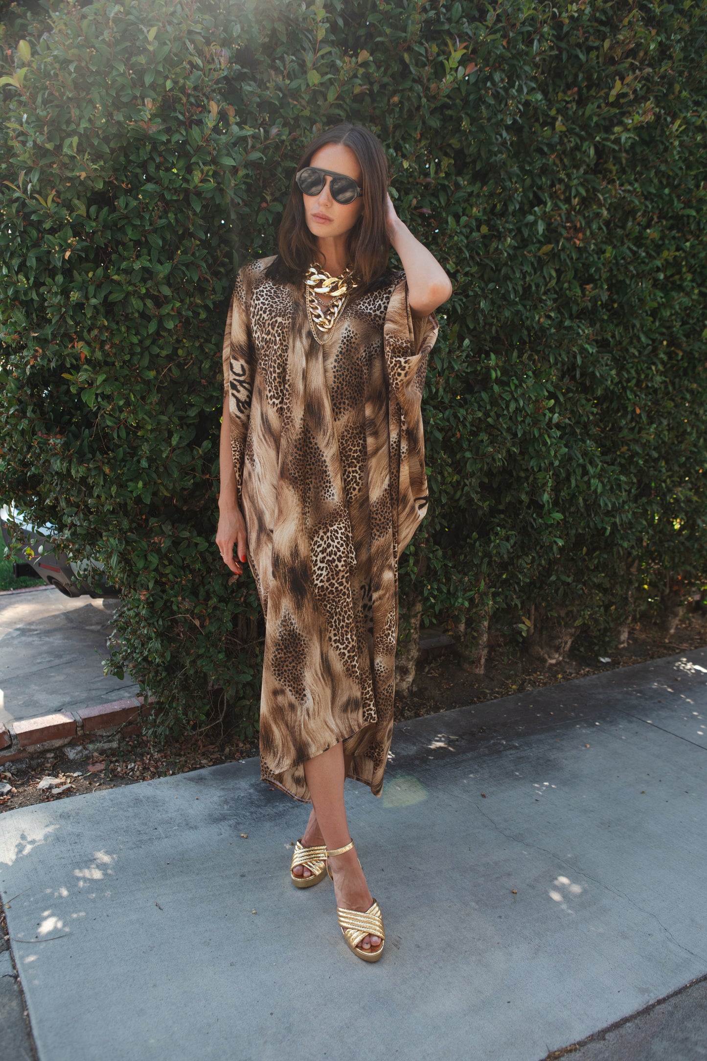 jennafer grace Animalon Caftan neutral tan brown black mixed big cat print leopard cheetah lion patterned kaftan mumu shift dress coverup casual boho bohemian hippie beach resort spa lounge loungewear layering unisex handmade in California USA