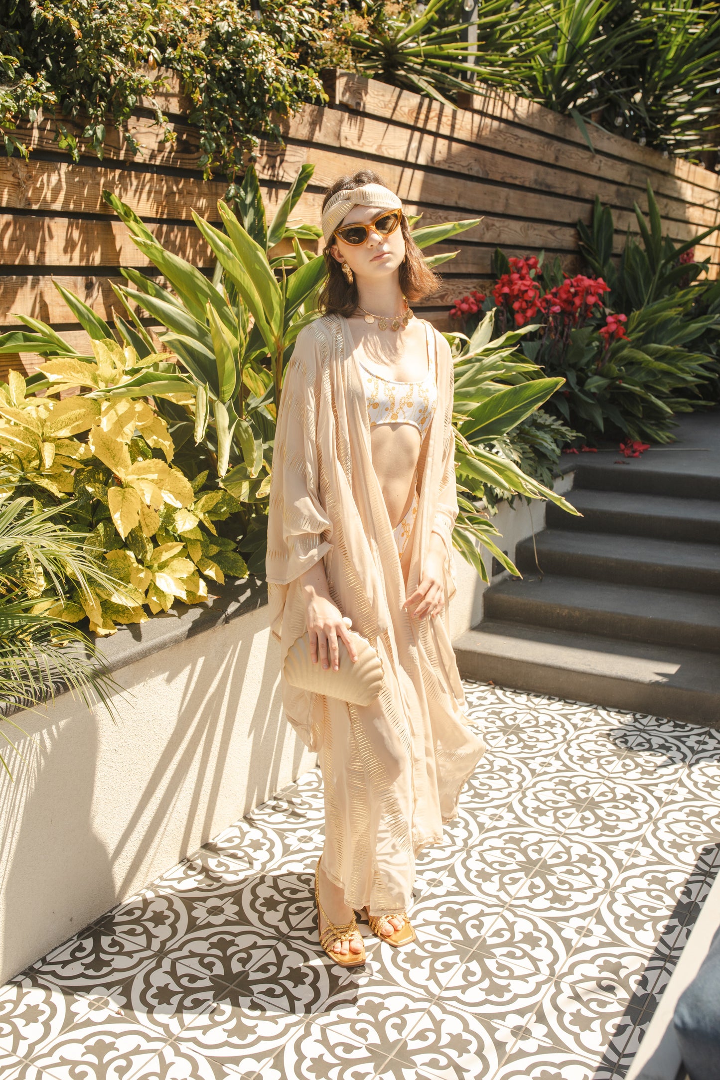 jennafer grace Archangel kimono semi-sheer neutral light nude pale beige with metallic gold line foil detail cover-up wrap dress with pockets duster jacket robe boho boho bohemian hippie whimsical romantic beach poolside resort cabana lounge wear unisex handmade in California USA