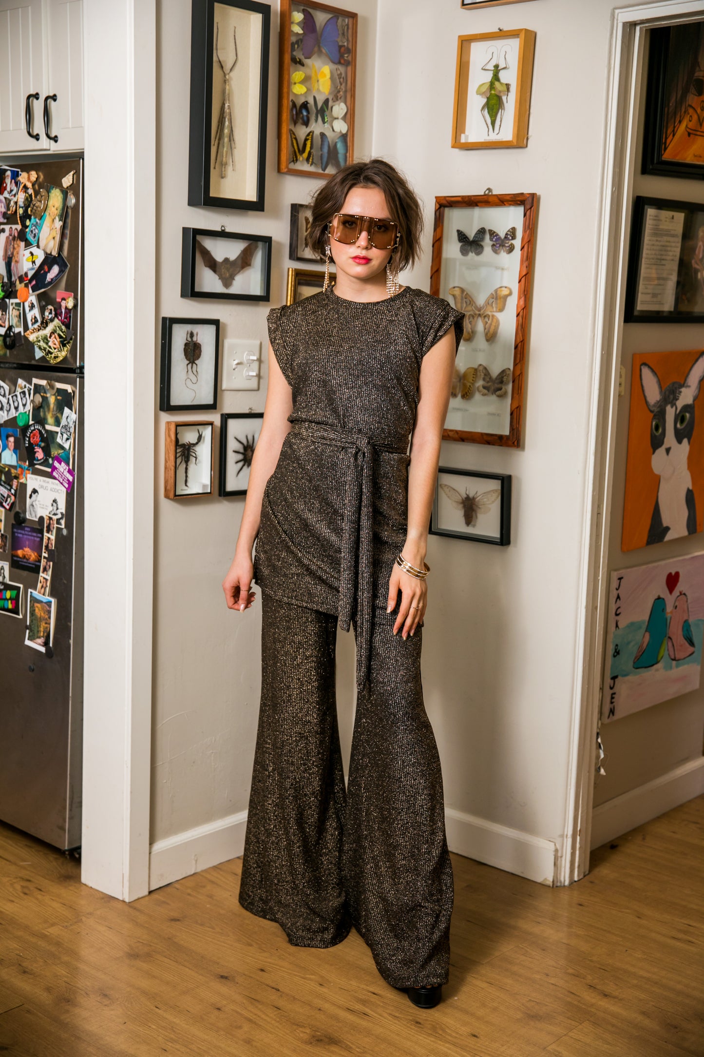 jennafer grace Aura Gold Tunic and Palazzo Pant Set black and dark antique metallic gold rib knit jersey sleeveless belted tunic with matching wide leg bellbottom palazzo trouser pant lounge wear coord co-ord matching set boho bohemian hippie romantic whimsical unisex handmade