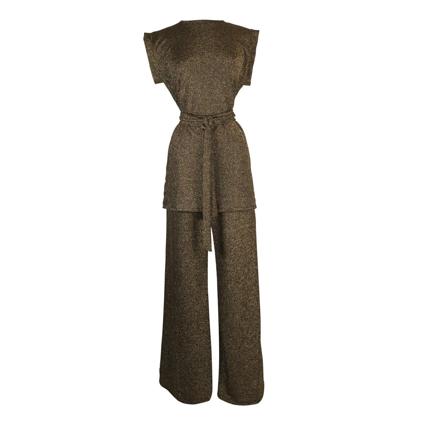 jennafer grace Aura Gold Tunic and Palazzo Pant Set black and dark antique metallic gold rib knit jersey sleeveless belted tunic with matching wide leg bellbottom palazzo trouser pant lounge wear coord co-ord matching set boho bohemian hippie romantic whimsical unisex handmade