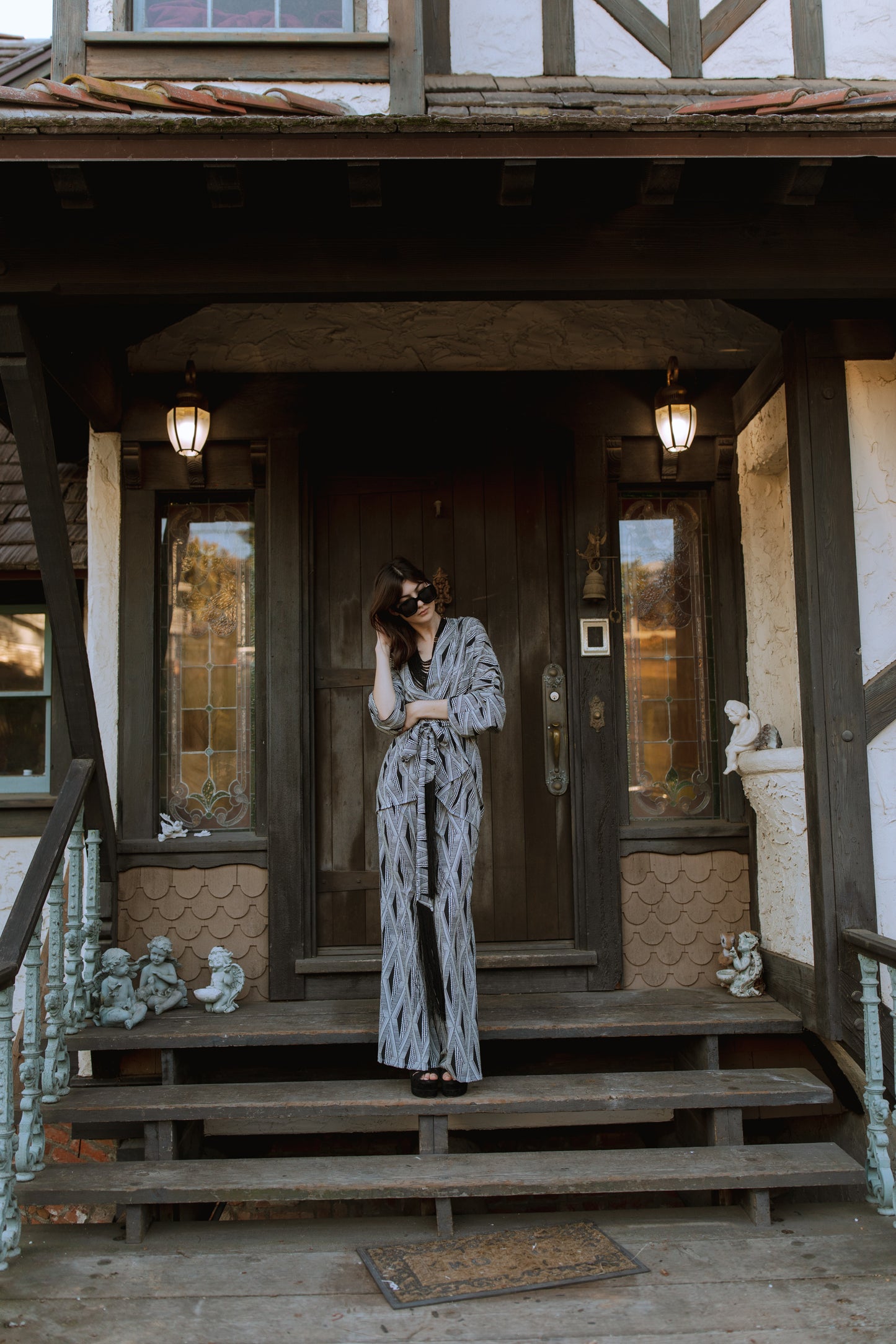 jennafer grace Azteca dolman palazzo set soft silky opaque georgette with black and white geometric pattern matching co-ord coord set wrap blouse top with tasseled belt and palazzo pant with pockets and elastic waist boho bohemian hippie romantic whimsical glamorous pajamas pjs glam lounge wear handmade in california usa