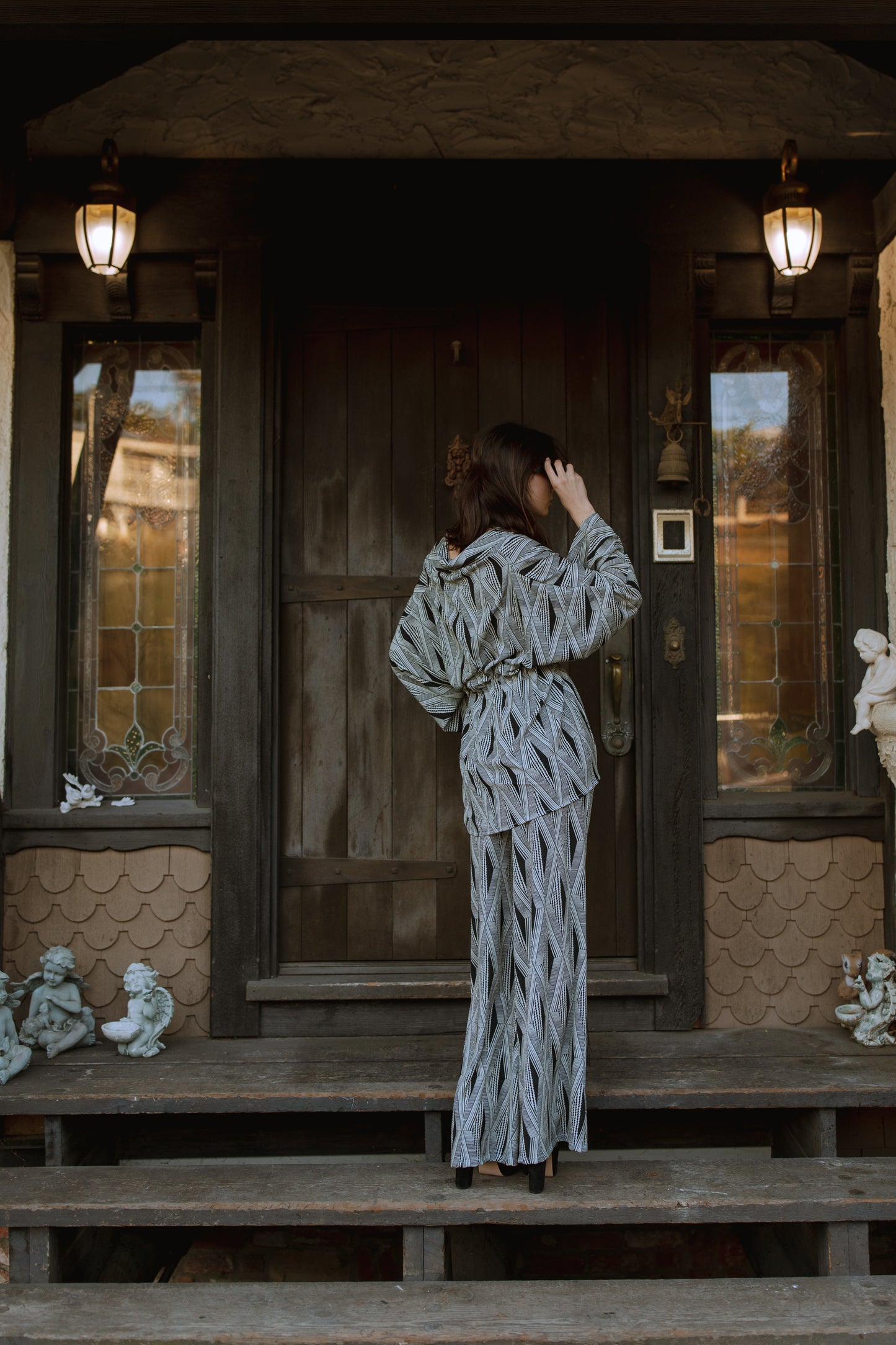 jennafer grace Azteca dolman palazzo set soft silky opaque georgette with black and white geometric pattern matching co-ord coord set wrap blouse top with tasseled belt and palazzo pant with pockets and elastic waist boho bohemian hippie romantic whimsical glamorous pajamas pjs glam lounge wear handmade in california usa