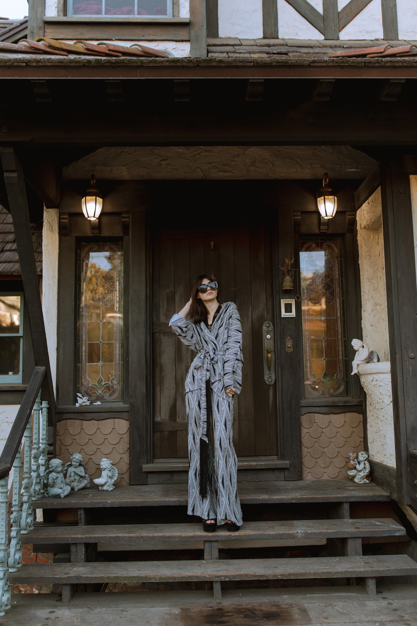 jennafer grace Azteca dolman palazzo set soft silky opaque georgette with black and white geometric pattern matching co-ord coord set wrap blouse top with tasseled belt and palazzo pant with pockets and elastic waist boho bohemian hippie romantic whimsical glamorous pajamas pjs glam lounge wear handmade in california usa