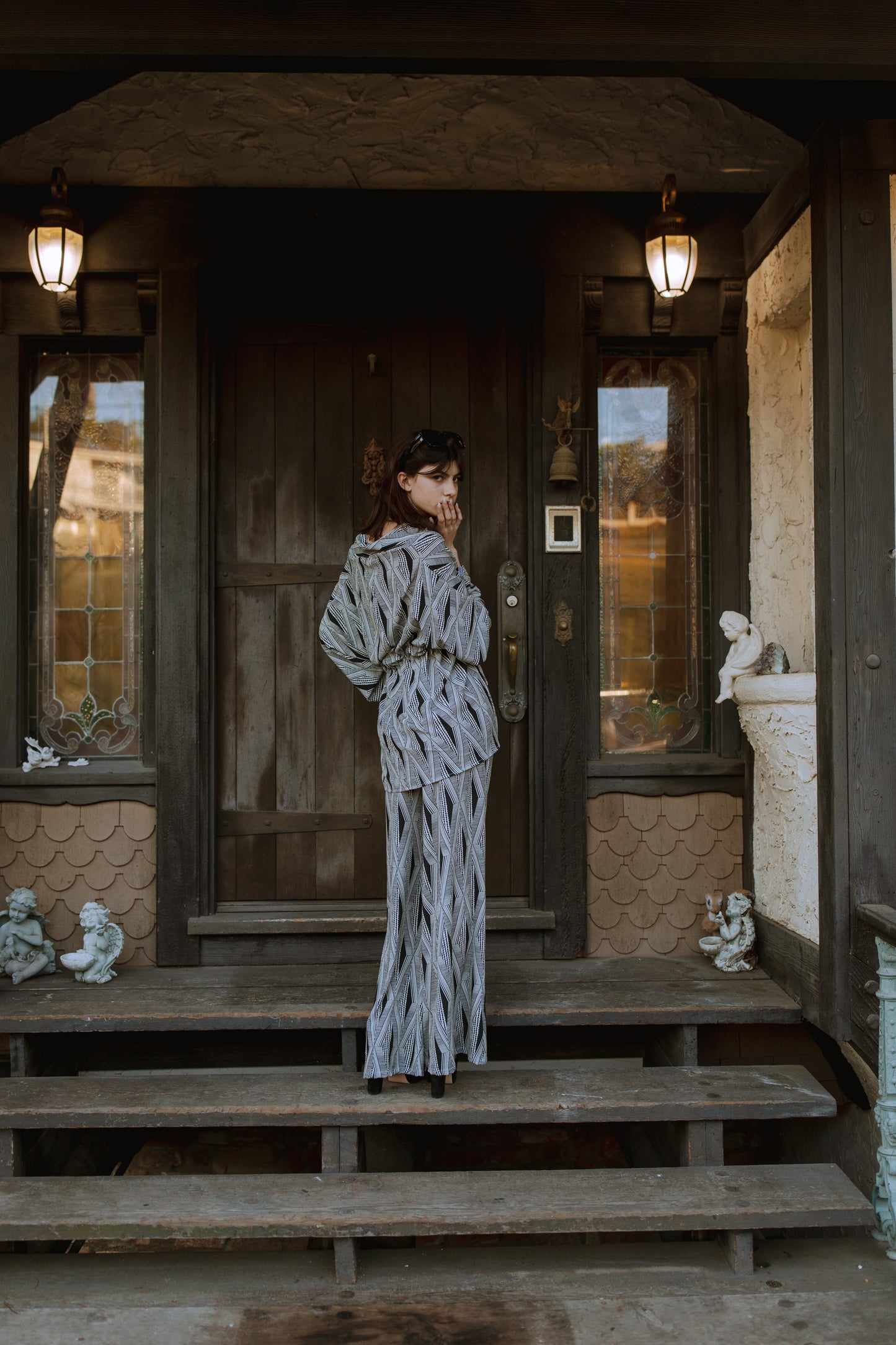 jennafer grace Azteca dolman palazzo set soft silky opaque georgette with black and white geometric pattern matching co-ord coord set wrap blouse top with tasseled belt and palazzo pant with pockets and elastic waist boho bohemian hippie romantic whimsical glamorous pajamas pjs glam lounge wear handmade in california usa