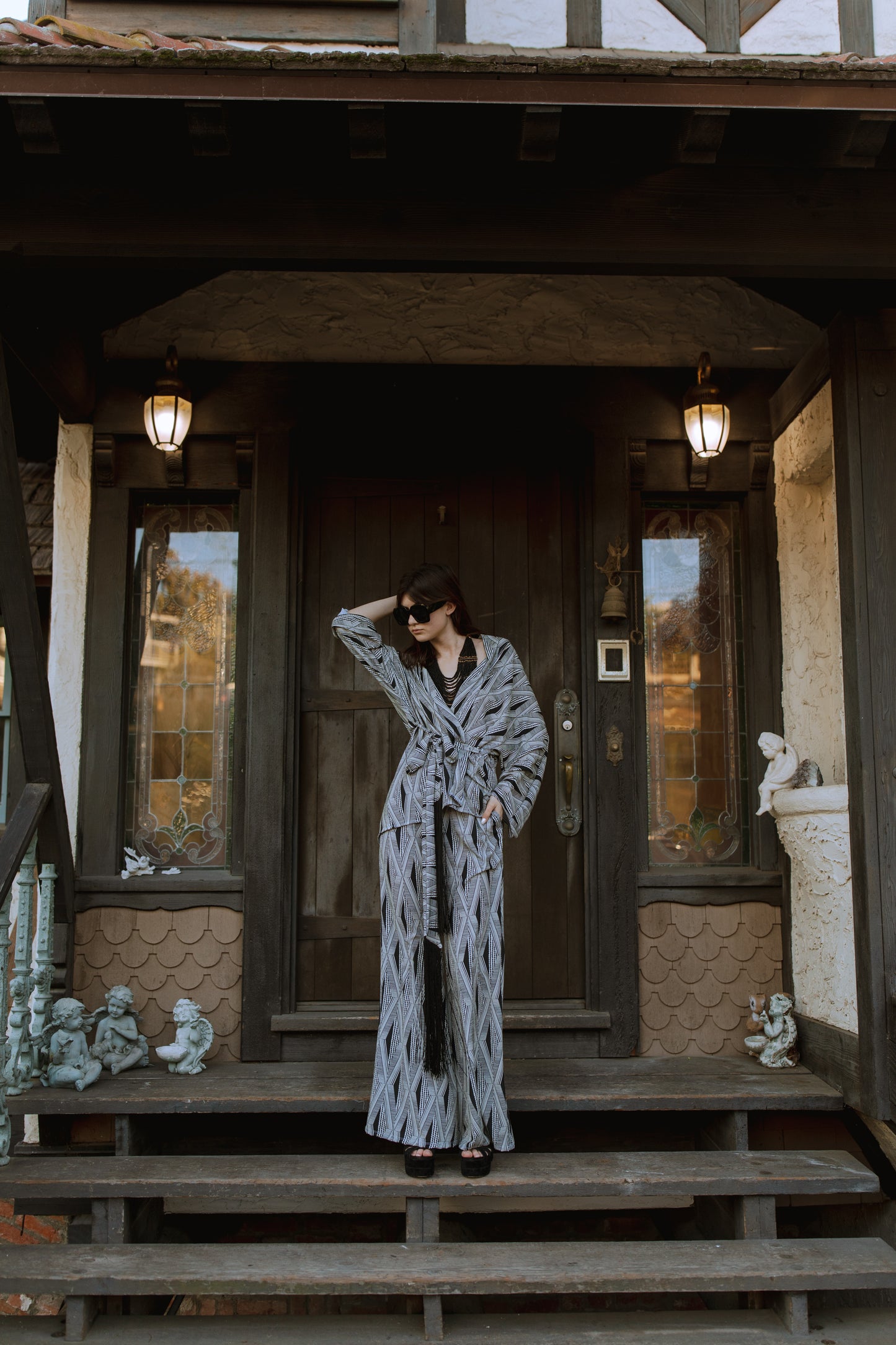 jennafer grace Azteca dolman palazzo set soft silky opaque georgette with black and white geometric pattern matching co-ord coord set wrap blouse top with tasseled belt and palazzo pant with pockets and elastic waist boho bohemian hippie romantic whimsical glamorous pajamas pjs glam lounge wear handmade in california usa