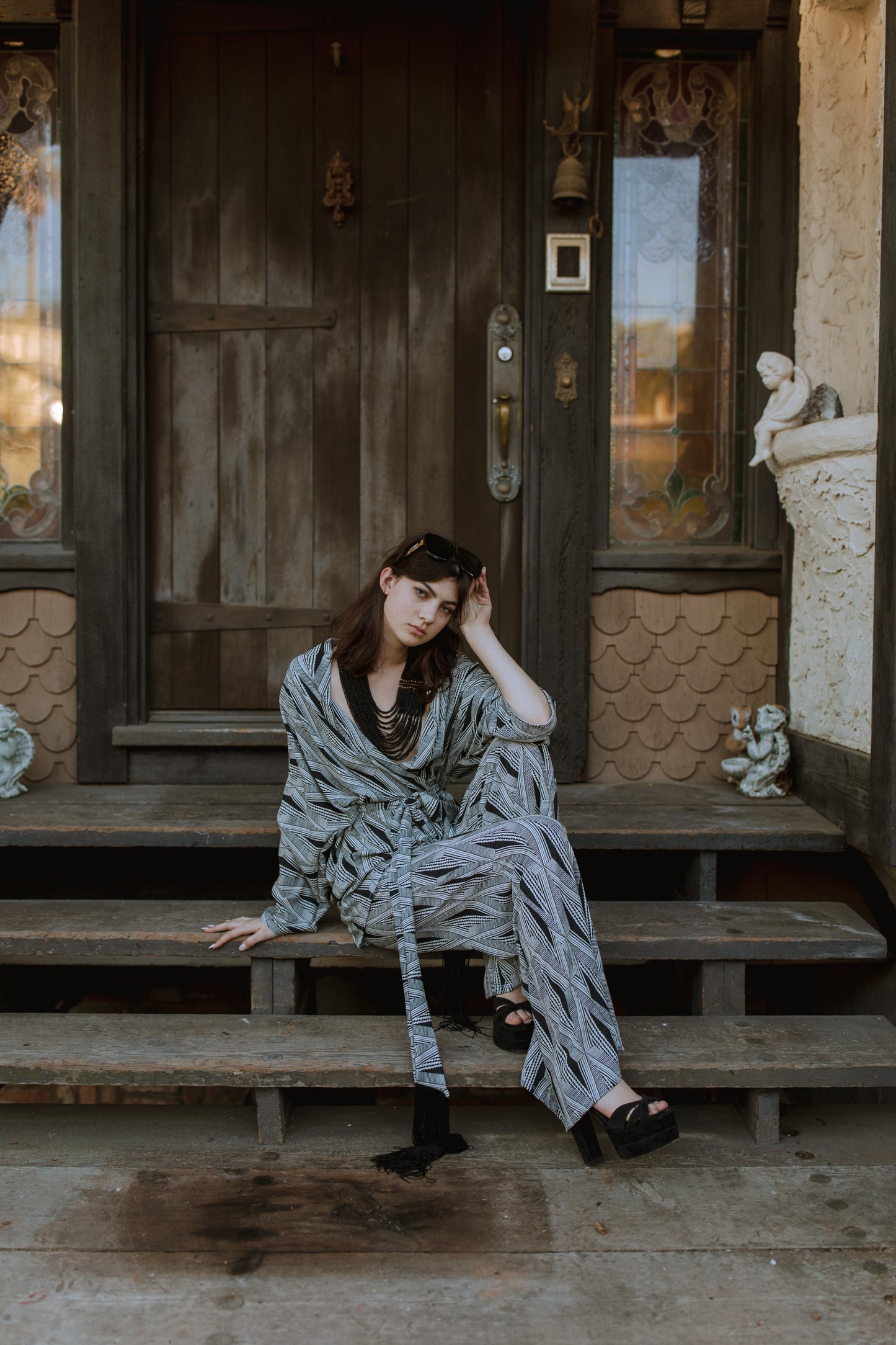 jennafer grace Azteca dolman palazzo set soft silky opaque georgette with black and white geometric pattern matching co-ord coord set wrap blouse top with tasseled belt and palazzo pant with pockets and elastic waist boho bohemian hippie romantic whimsical glamorous pajamas pjs glam lounge wear handmade in california usa