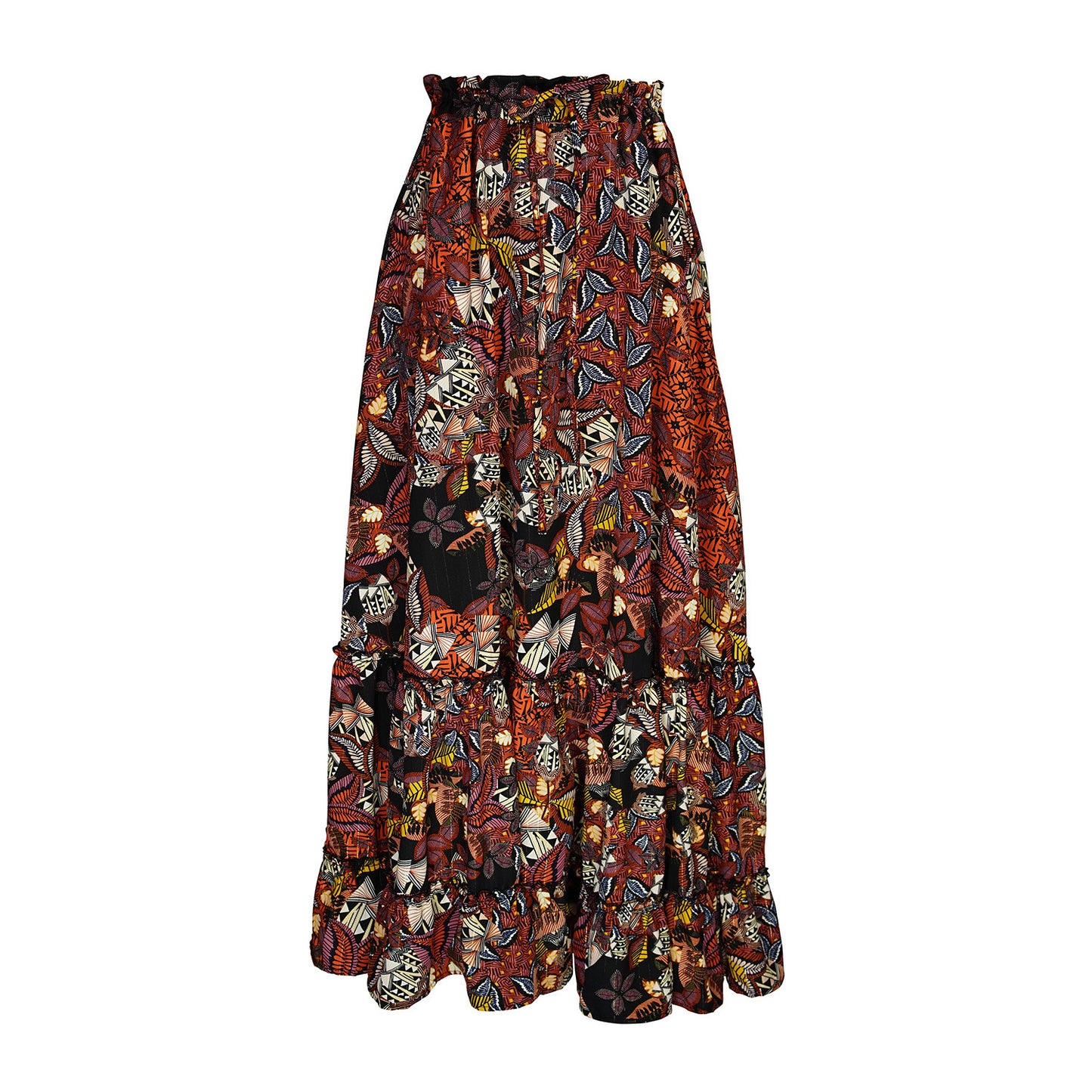 This dark bohemian skirt is that perfect mix of majestic and sweet. Crafted from a intricately printed twill with metallic pinstripe detail.