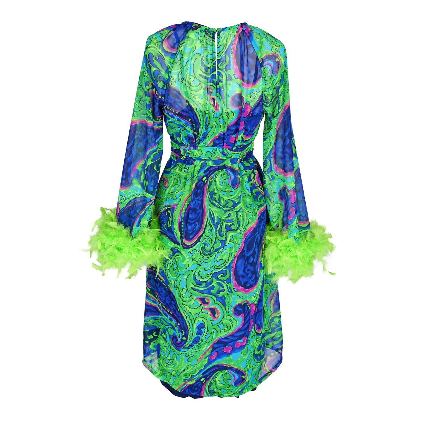 Funky fresh retro midi dress with royal blue and lime green abstract filigree swirl print with hints of aqua and fuchsia. The dress features a crew neck, keyhole detail at upper back, 3/4 bell sleeves with neon green feathers at cuff, a knee-length hem, and optional wrap tie for a cinched waist.