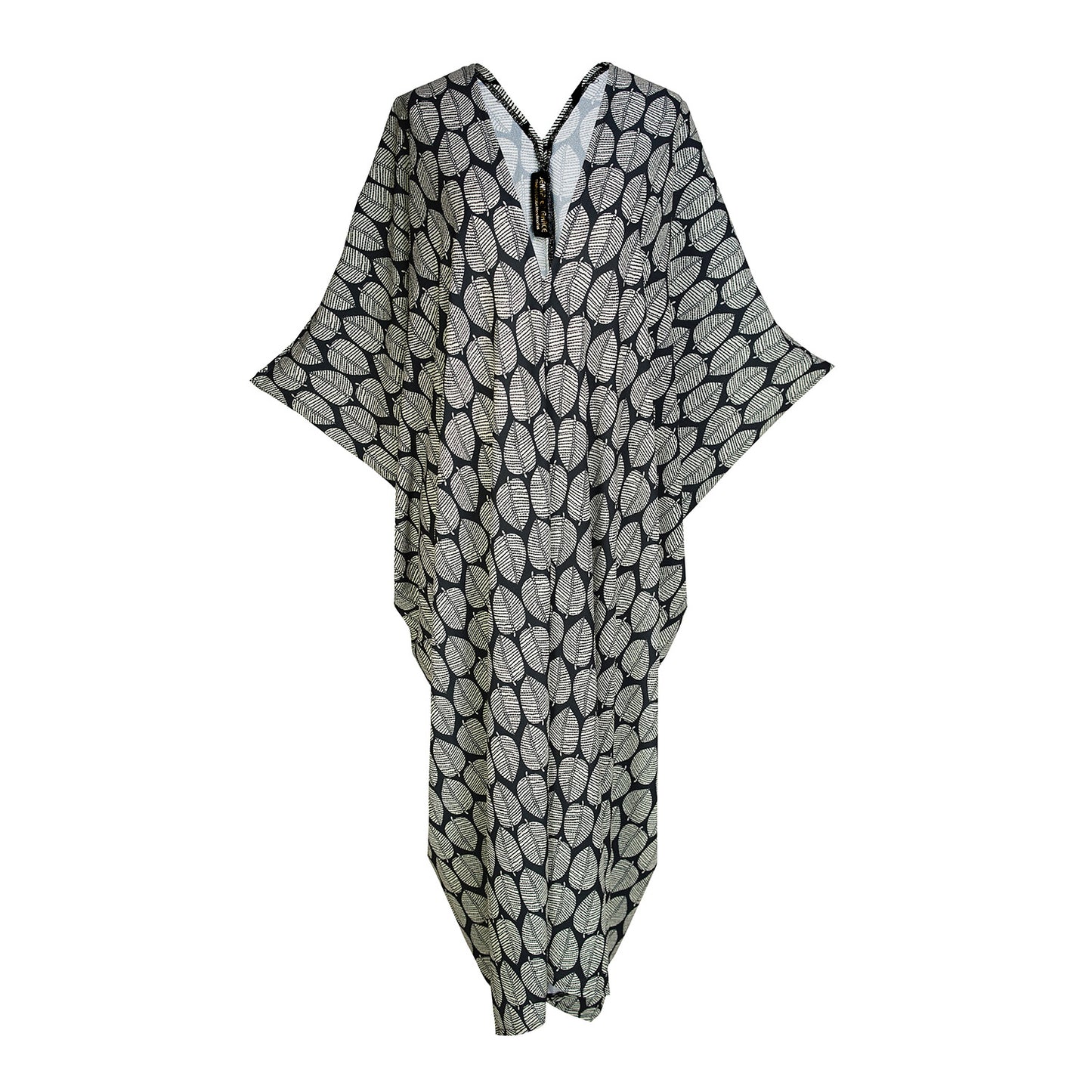 jennafer grace Banana Leaf Caftan black and white repeating leaf print pattern kaftan mumu shift dress coverup casual boho bohemian hippie beach resort spa lounge loungewear layering unisex handmade in California USA