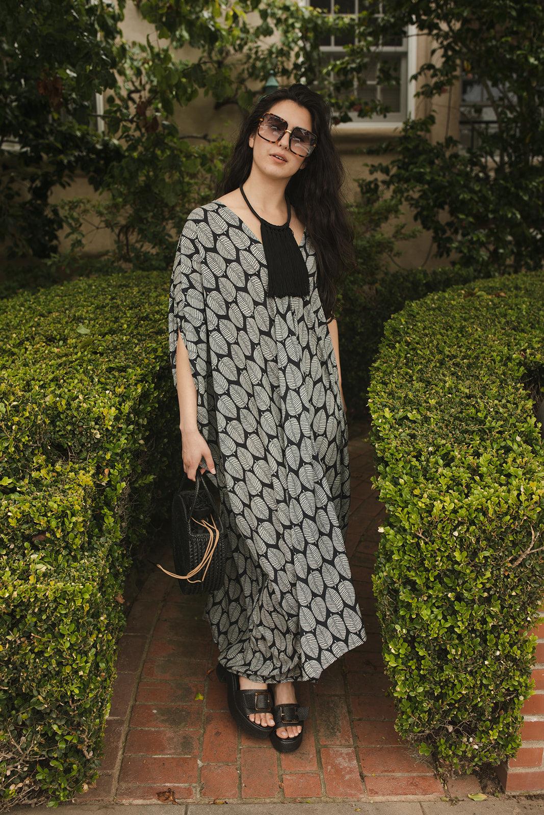 jennafer grace Banana Leaf Caftan black and white repeating leaf print pattern kaftan mumu shift dress coverup casual boho bohemian hippie beach resort spa lounge loungewear layering unisex handmade in California USA
