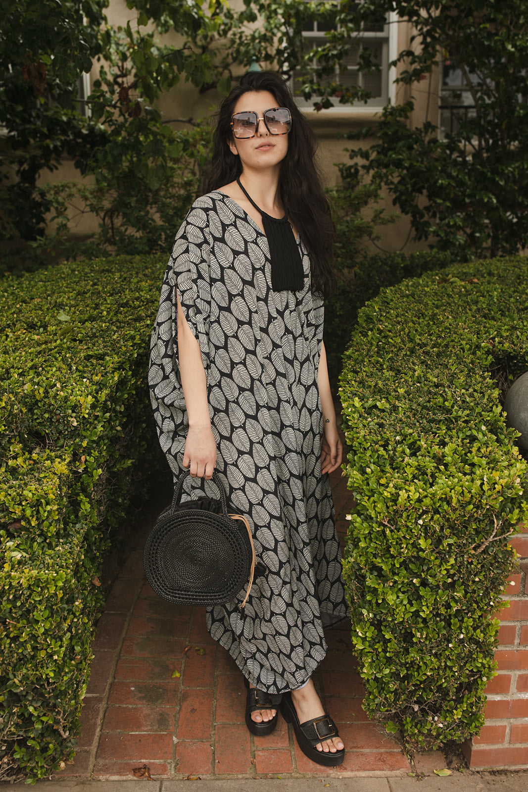 jennafer grace Banana Leaf Caftan black and white repeating leaf print pattern kaftan mumu shift dress coverup casual boho bohemian hippie beach resort spa lounge loungewear layering unisex handmade in California USA