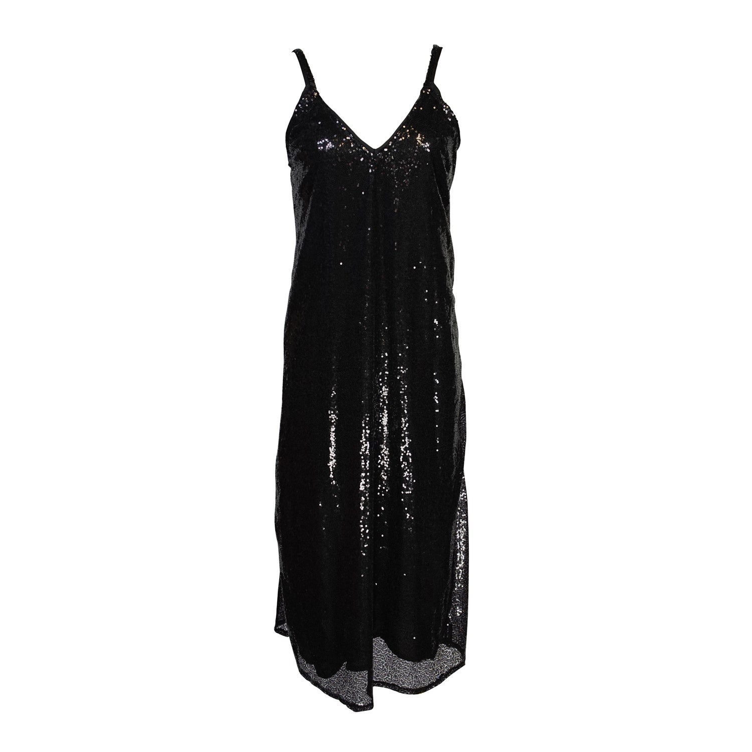 Black sequin layered slip dress featuring spaghetti strap and midi hemline.