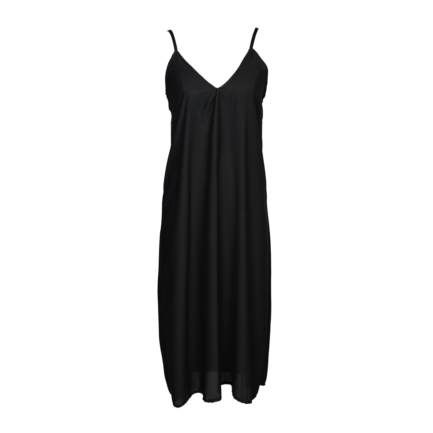 Black sequin layered slip dress featuring spaghetti strap and midi hemline.