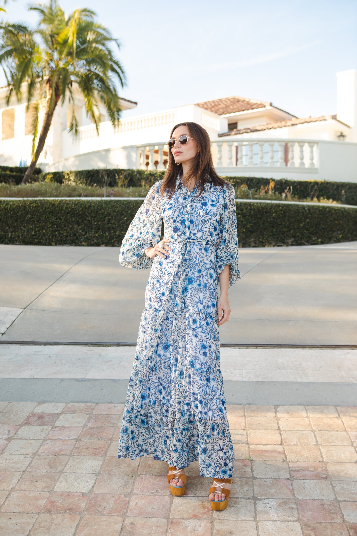 jennafer grace Bluebelle Bookie Maxi Dress white with modern cobalt blue watercolor floral print collared button up maxi dress cinched waist belt bishop sleeves boho bohemian hippie romantic whimsical summer holiday dress handmade in California USA