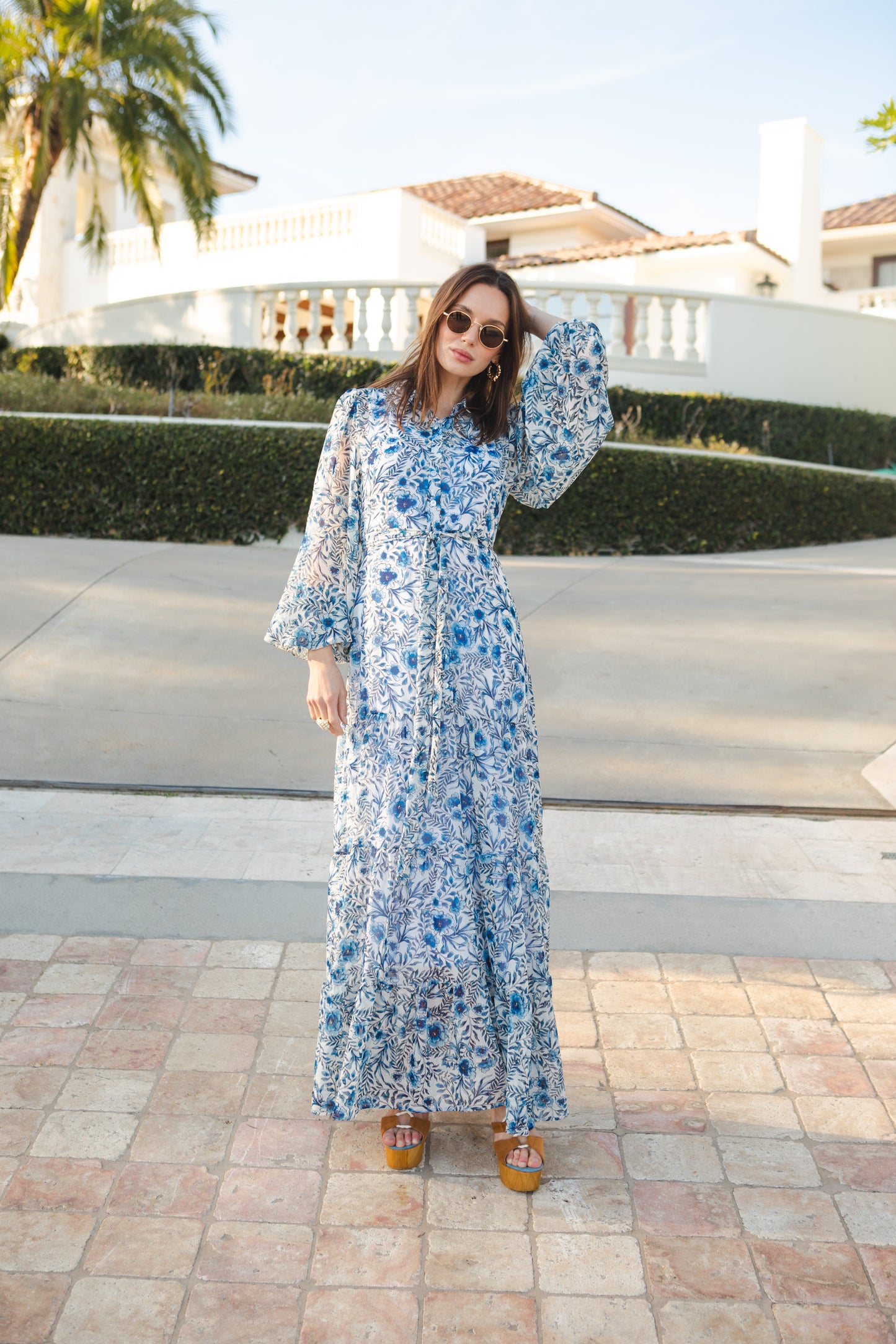 jennafer grace Bluebelle Bookie Maxi Dress white with modern cobalt blue watercolor floral print collared button up maxi dress cinched waist belt bishop sleeves boho bohemian hippie romantic whimsical summer holiday dress handmade in California USA