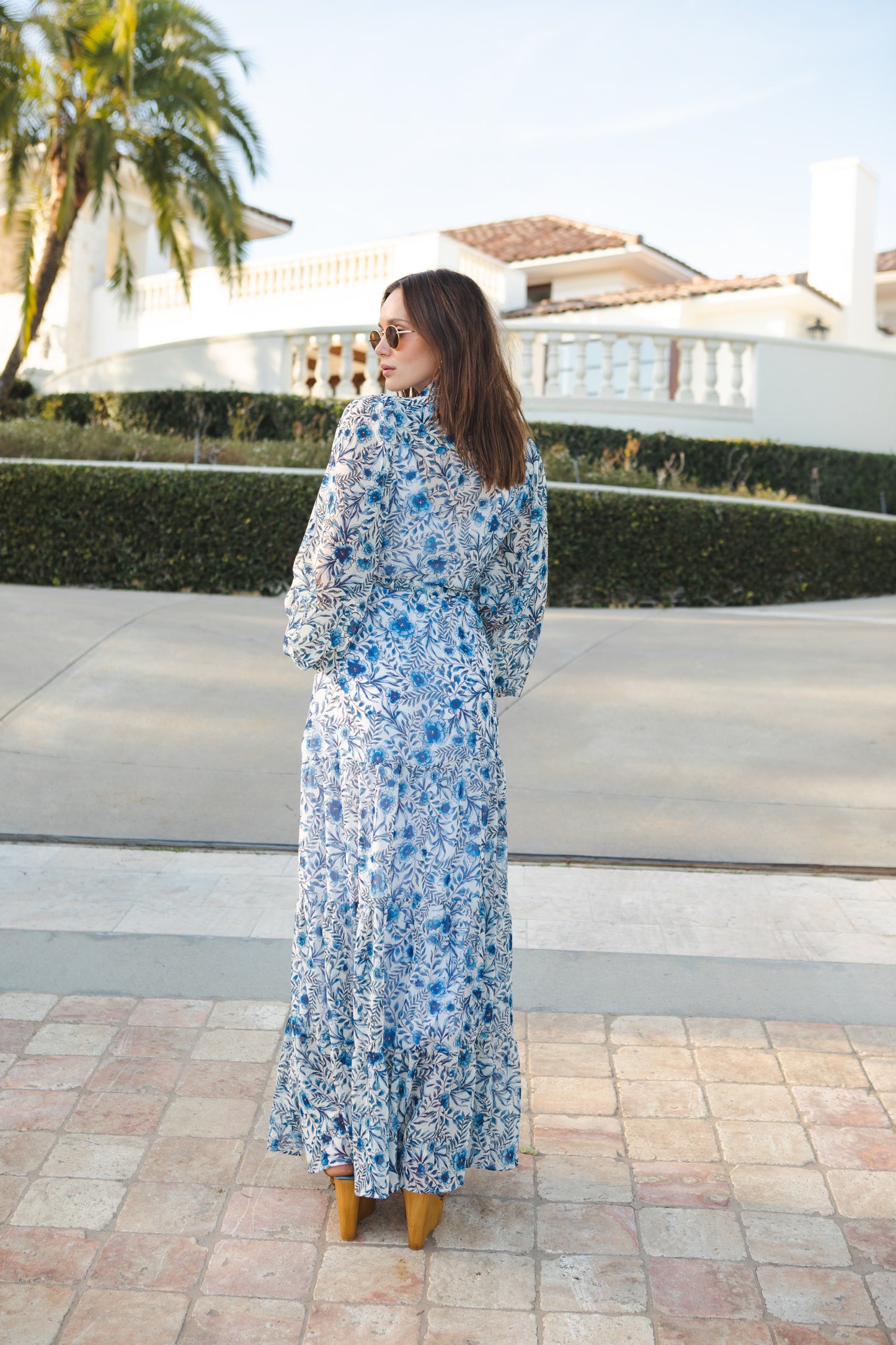 jennafer grace Bluebelle Bookie Maxi Dress white with modern cobalt blue watercolor floral print collared button up maxi dress cinched waist belt bishop sleeves boho bohemian hippie romantic whimsical summer holiday dress handmade in California USA