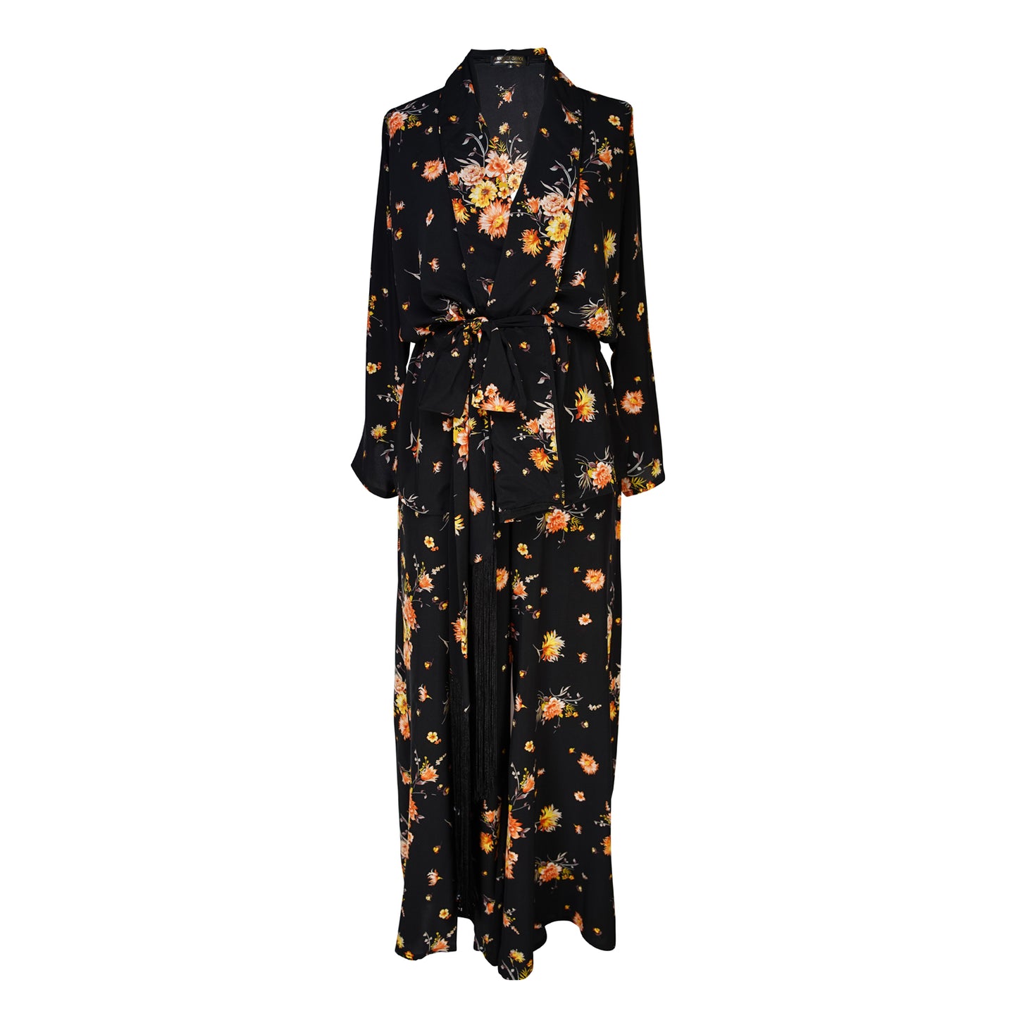 jennafer grace Briar dolman palazzo set silky black georgette with vibrant yellow pink floral print matching co-ord coord set wrap blouse top with tasseled belt and palazzo pant with pockets and elastic waist boho bohemian hippie romantic whimsical glamorous pajamas pjs glam lounge wear handmade in california usa