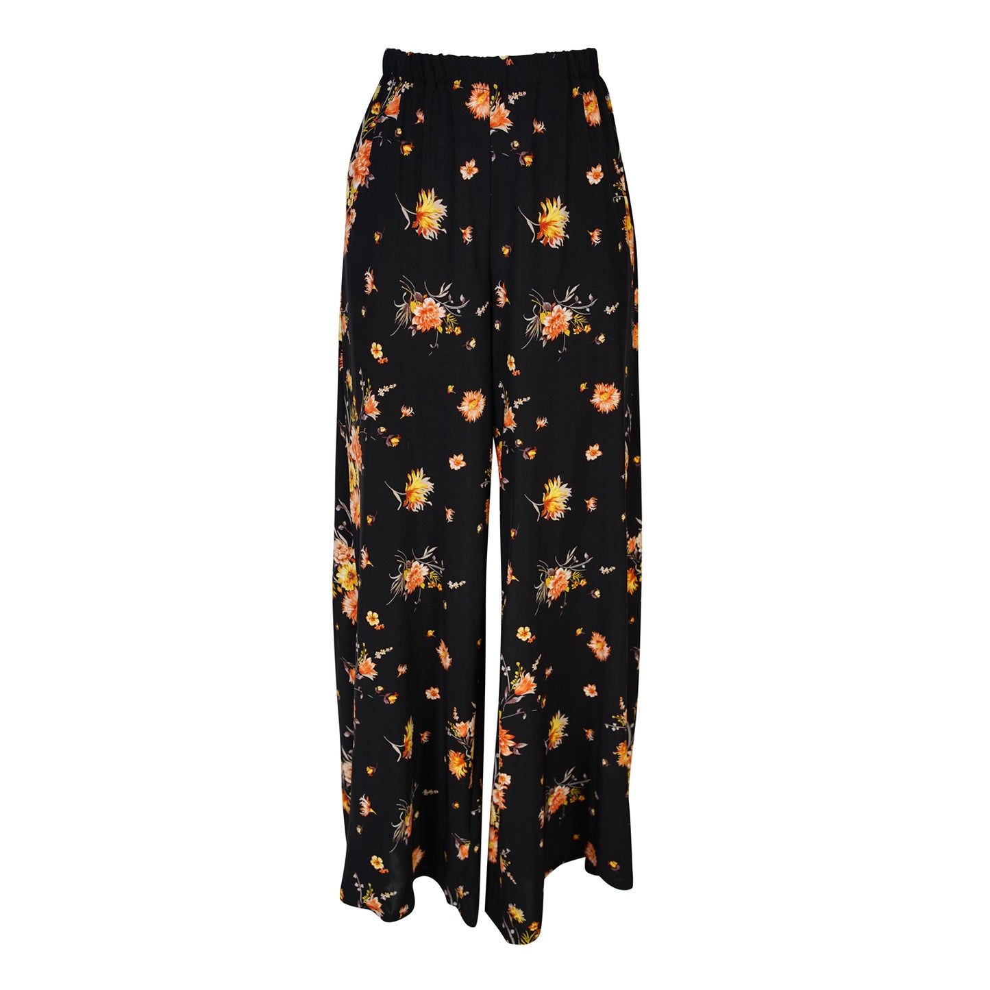 jennafer grace Briar dolman palazzo set silky black georgette with vibrant yellow pink floral print matching co-ord coord set wrap blouse top with tasseled belt and palazzo pant with pockets and elastic waist boho bohemian hippie romantic whimsical glamorous pajamas pjs glam lounge wear handmade in california usa