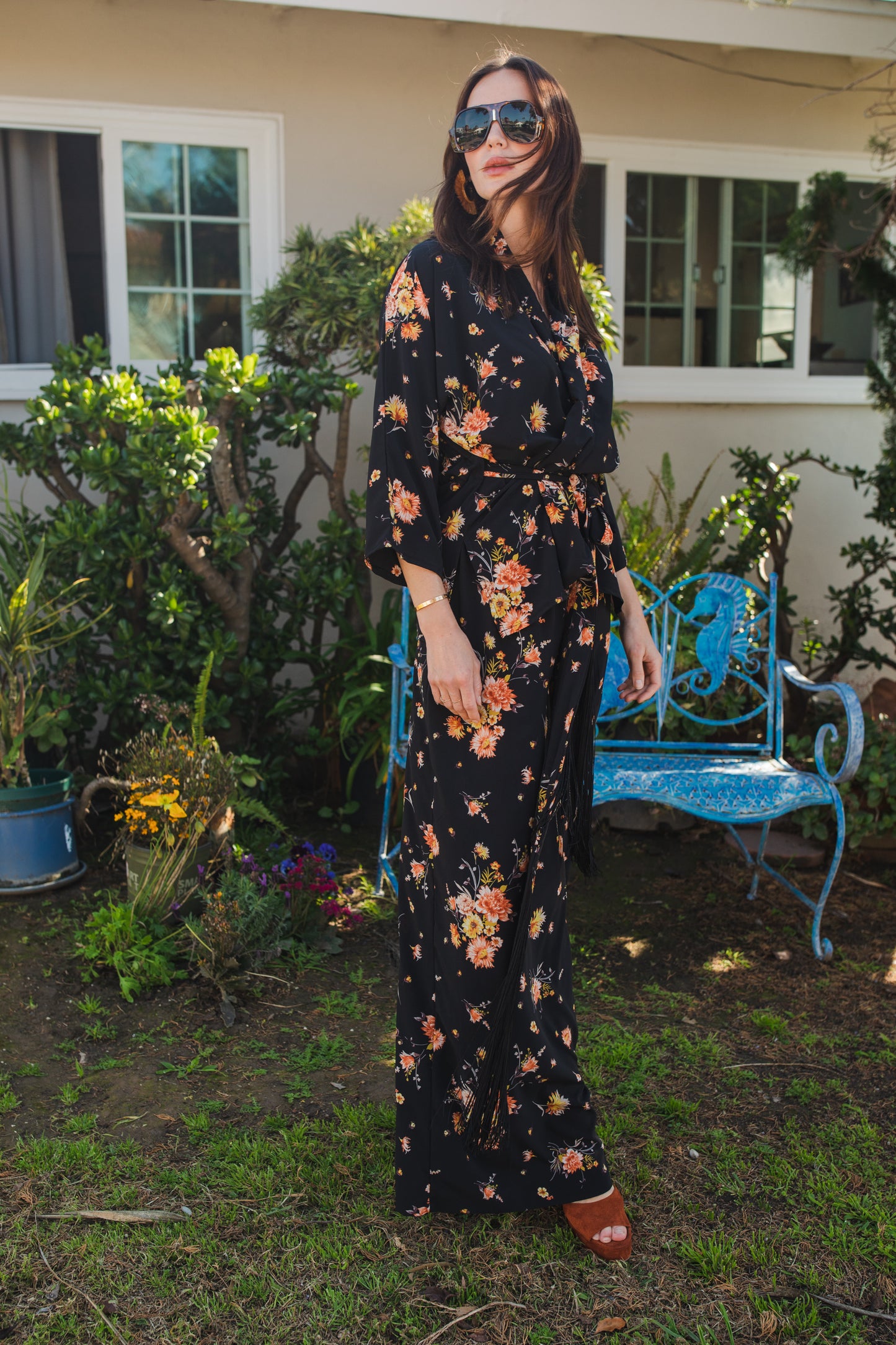 jennafer grace Briar dolman palazzo set silky black georgette with vibrant yellow pink floral print matching co-ord coord set wrap blouse top with tasseled belt and palazzo pant with pockets and elastic waist boho bohemian hippie romantic whimsical glamorous pajamas pjs glam lounge wear handmade in california usa
