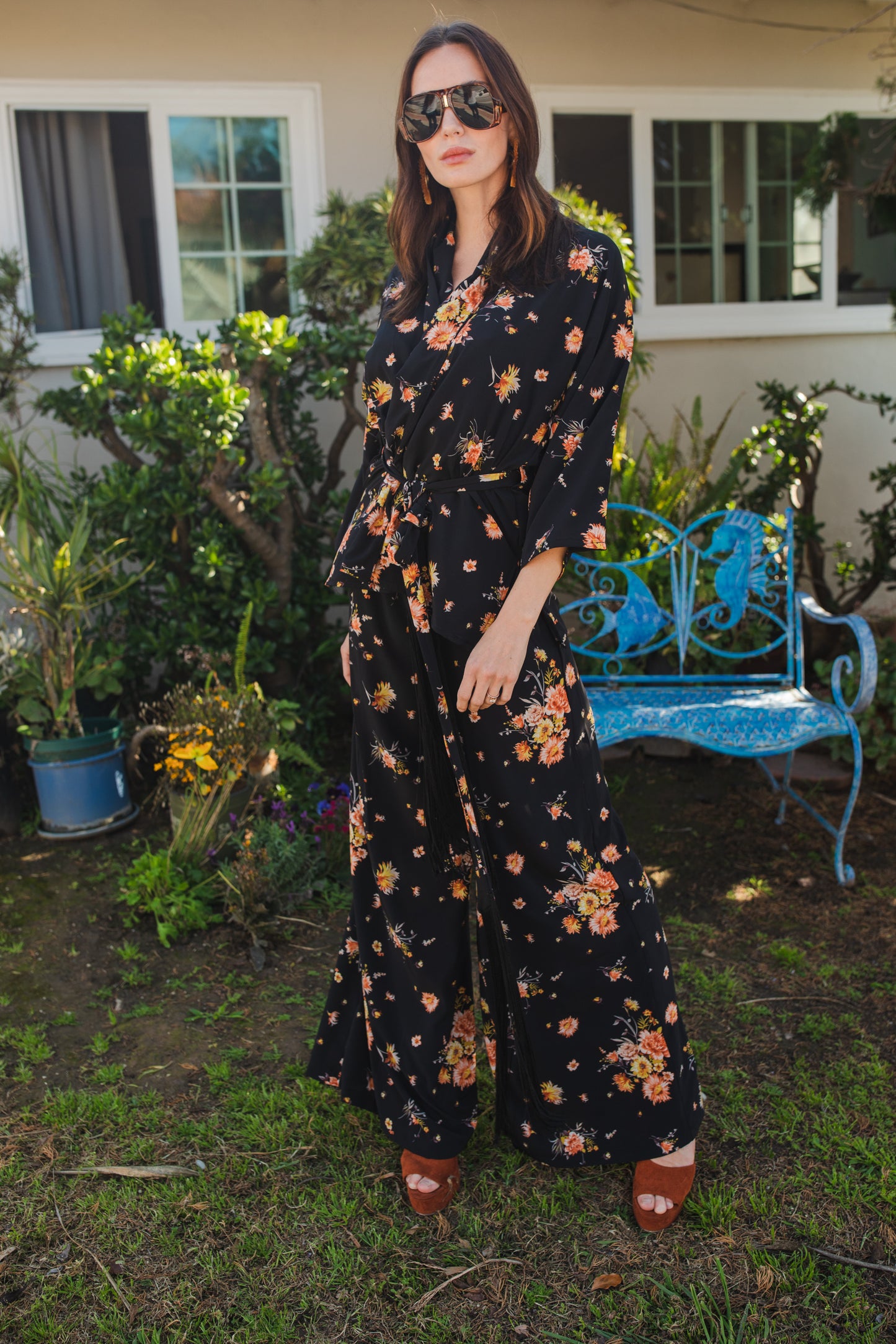 jennafer grace Briar dolman palazzo set silky black georgette with vibrant yellow pink floral print matching co-ord coord set wrap blouse top with tasseled belt and palazzo pant with pockets and elastic waist boho bohemian hippie romantic whimsical glamorous pajamas pjs glam lounge wear handmade in california usa