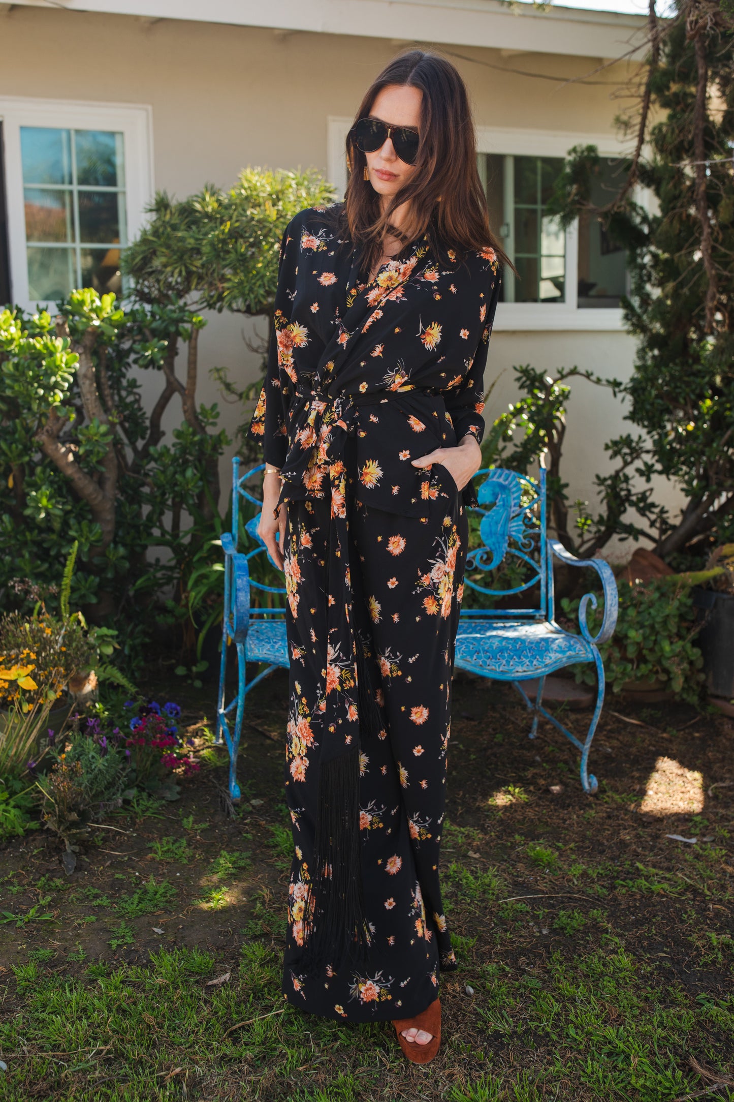 jennafer grace Briar dolman palazzo set silky black georgette with vibrant yellow pink floral print matching co-ord coord set wrap blouse top with tasseled belt and palazzo pant with pockets and elastic waist boho bohemian hippie romantic whimsical glamorous pajamas pjs glam lounge wear handmade in california usa