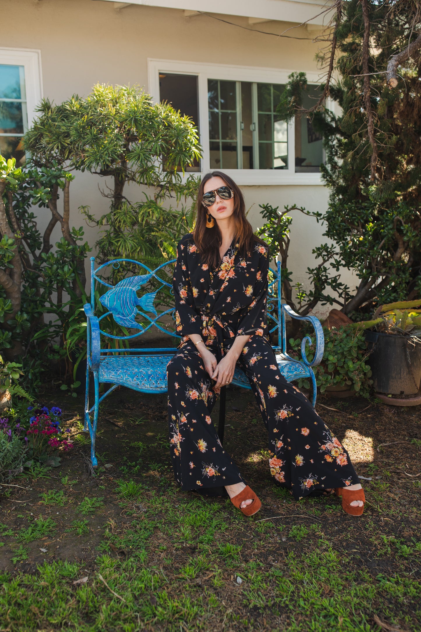jennafer grace Briar dolman palazzo set silky black georgette with vibrant yellow pink floral print matching co-ord coord set wrap blouse top with tasseled belt and palazzo pant with pockets and elastic waist boho bohemian hippie romantic whimsical glamorous pajamas pjs glam lounge wear handmade in california usa