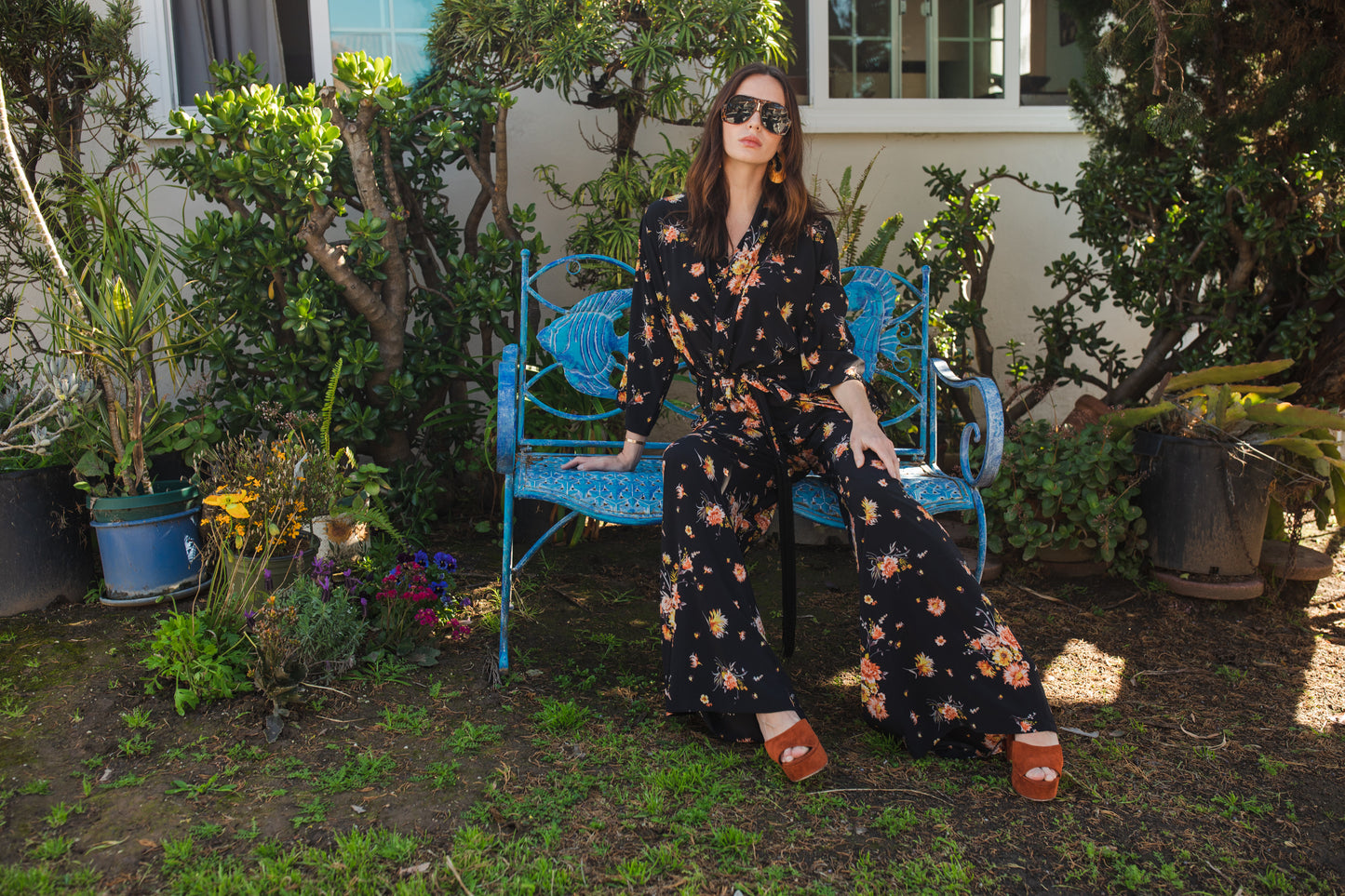 jennafer grace Briar dolman palazzo set silky black georgette with vibrant yellow pink floral print matching co-ord coord set wrap blouse top with tasseled belt and palazzo pant with pockets and elastic waist boho bohemian hippie romantic whimsical glamorous pajamas pjs glam lounge wear handmade in california usa