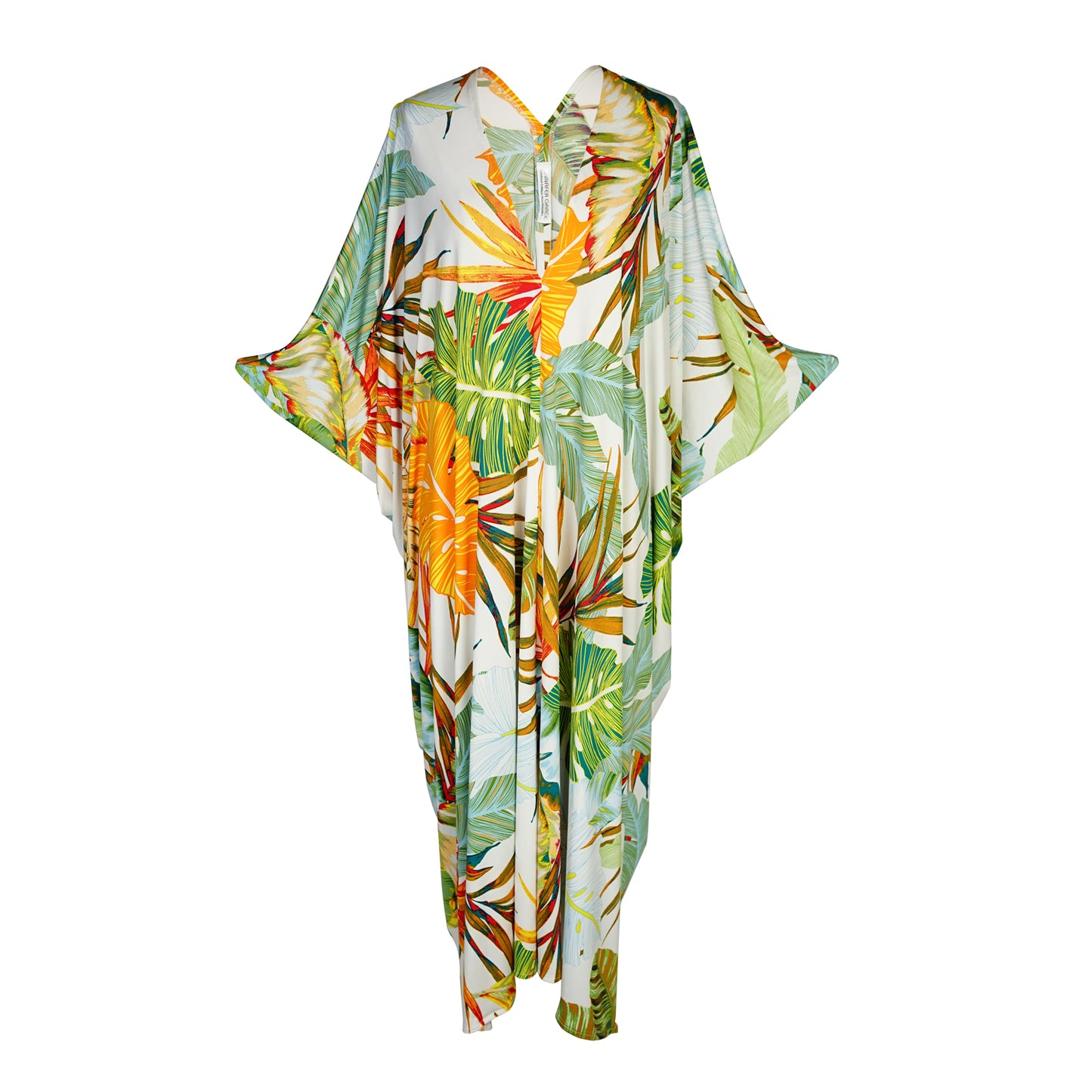jennafer grace Buenos Palmas caftan white with vibrant orange yellow blue green tropical plant leaf print kaftan mumu shift dress coverup casual boho bohemian hippie beach resort spa lounge loungewear layering unisex handmade in California USA