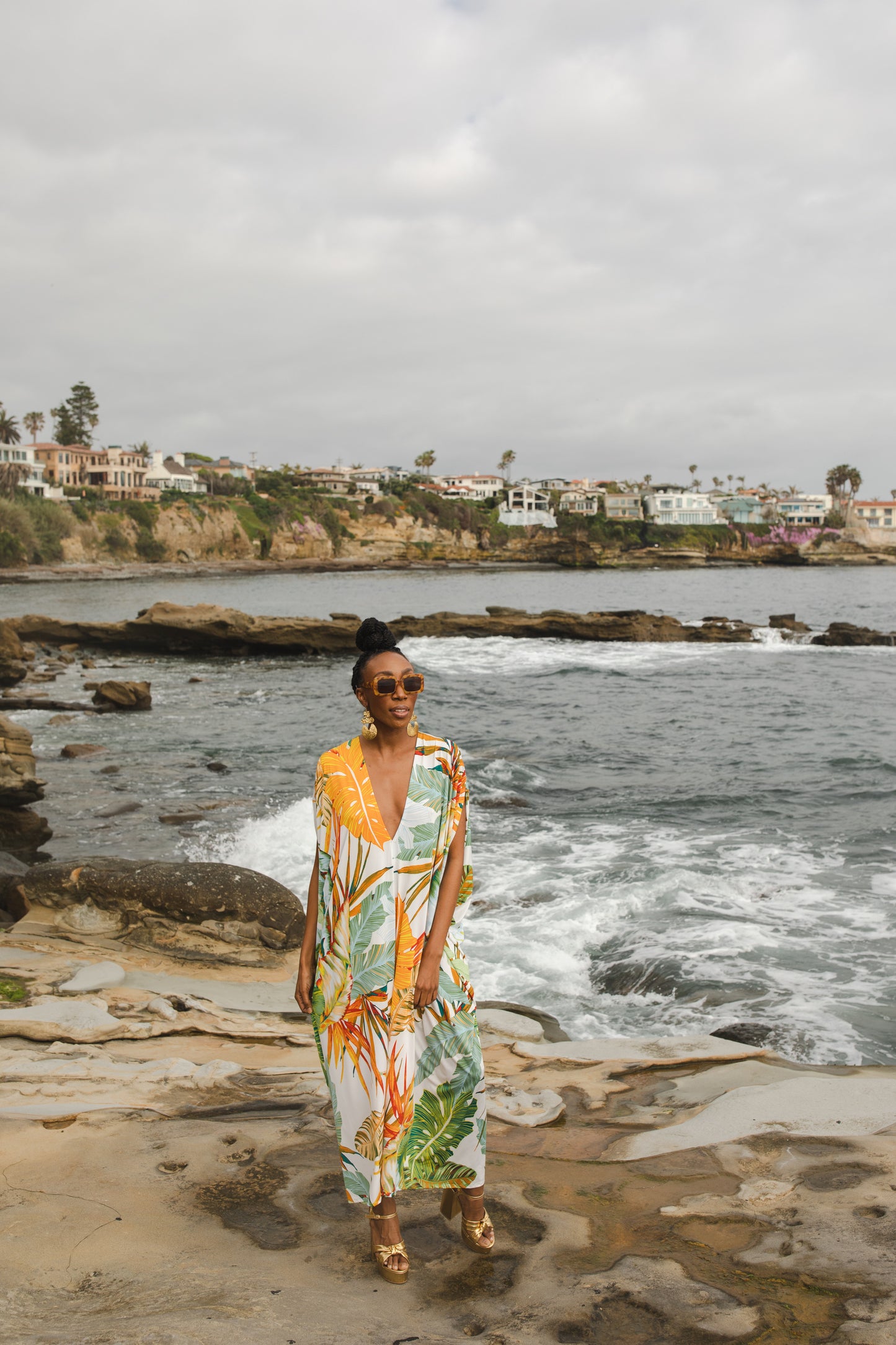 jennafer grace Buenos Palmas caftan white with vibrant orange yellow blue green tropical plant leaf print kaftan mumu shift dress coverup casual boho bohemian hippie beach resort spa lounge loungewear layering unisex handmade in California USA