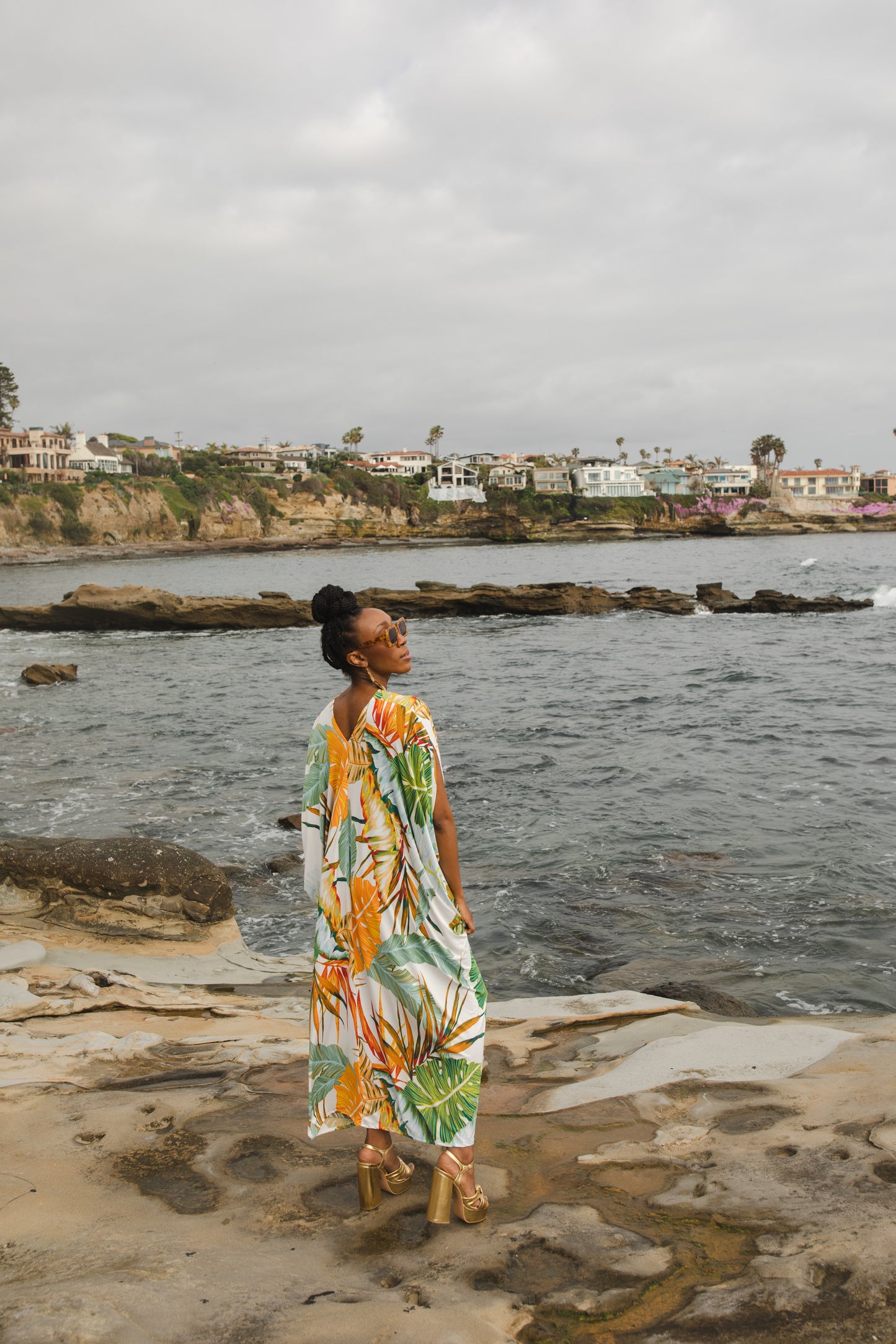 jennafer grace Buenos Palmas caftan white with vibrant orange yellow blue green tropical plant leaf print kaftan mumu shift dress coverup casual boho bohemian hippie beach resort spa lounge loungewear layering unisex handmade in California USA
