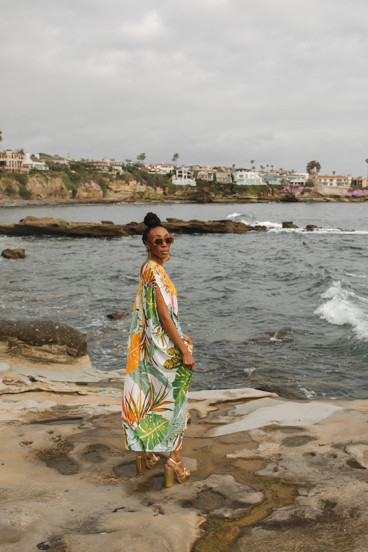jennafer grace Buenos Palmas caftan white with vibrant orange yellow blue green tropical plant leaf print kaftan mumu shift dress coverup casual boho bohemian hippie beach resort spa lounge loungewear layering unisex handmade in California USA