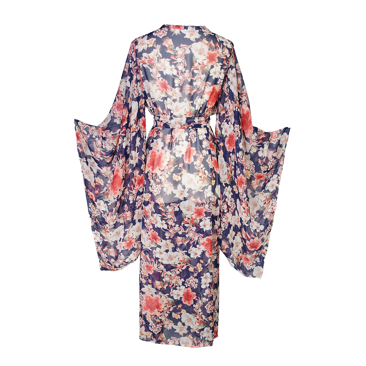 jennafer grace Calliope kimono semi-sheer pink red white floral on navy chiffon coverup wrap dress with pockets duster jacket robe boho bohemian hippie whimsical romantic beach poolside resort cabana lounge wear unisex handmade in California USA