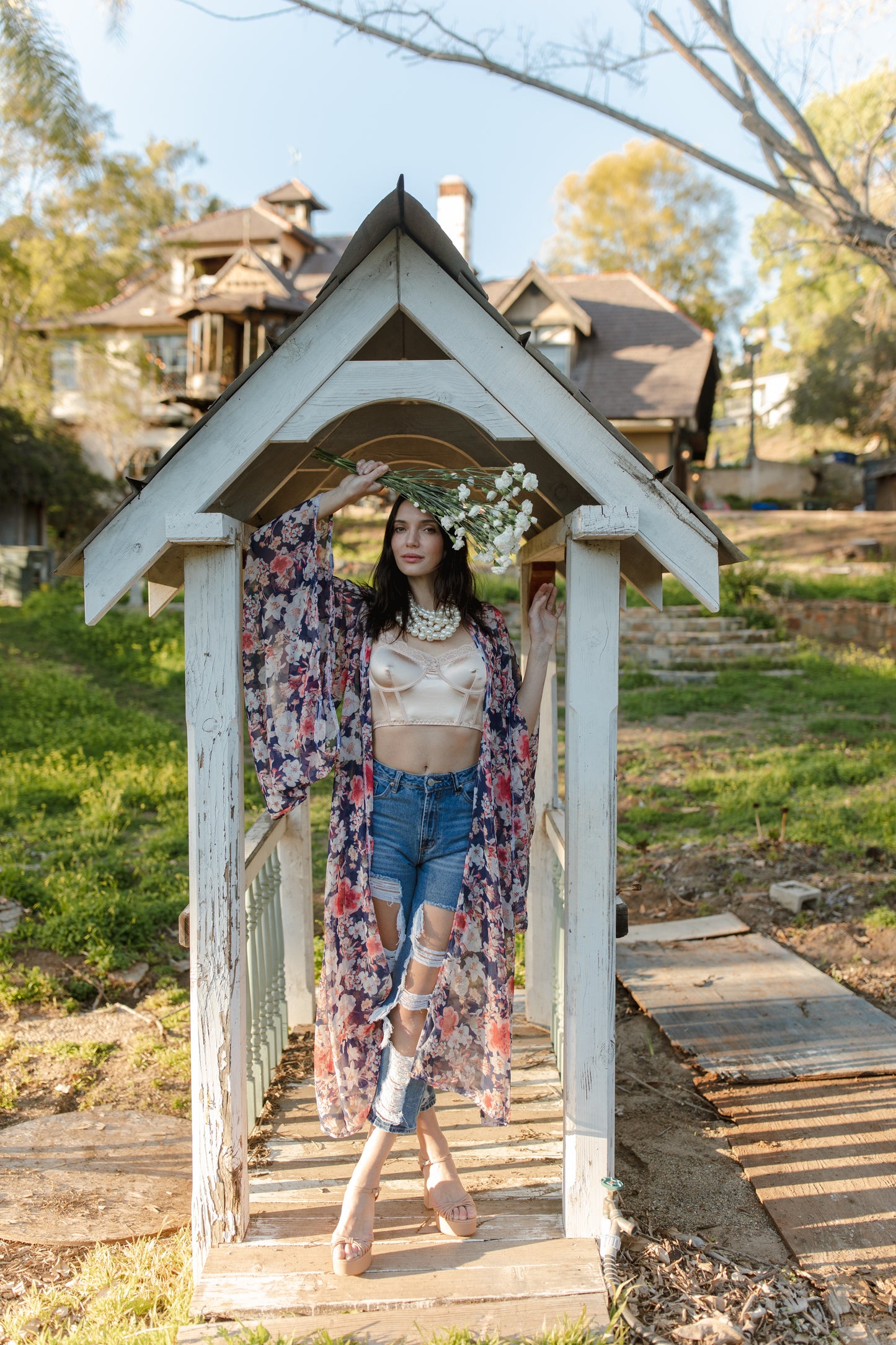 jennafer grace Calliope kimono semi-sheer pink red white floral on navy chiffon coverup wrap dress with pockets duster jacket robe boho bohemian hippie whimsical romantic beach poolside resort cabana lounge wear unisex handmade in California USA