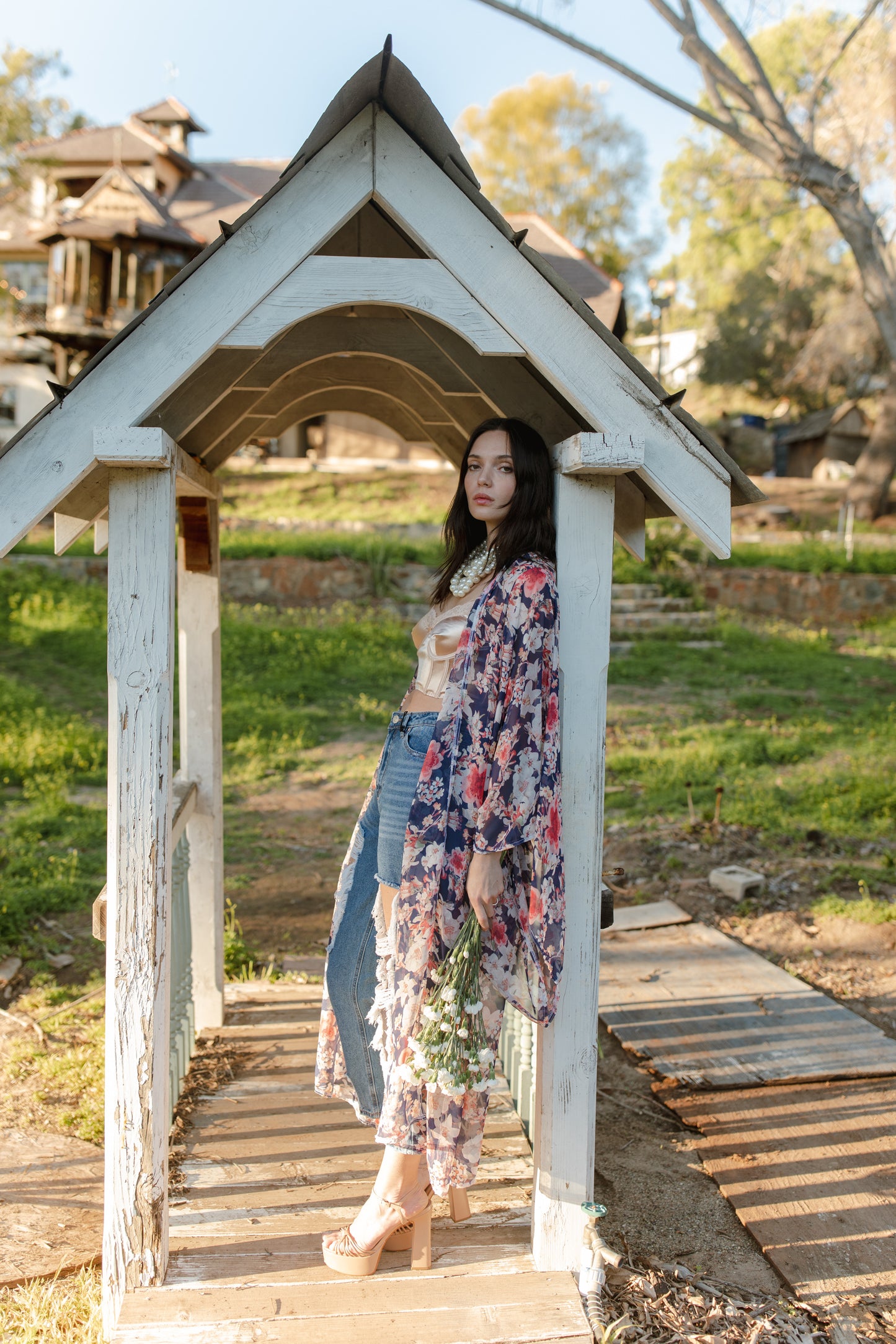 jennafer grace Calliope kimono semi-sheer pink red white floral on navy chiffon coverup wrap dress with pockets duster jacket robe boho bohemian hippie whimsical romantic beach poolside resort cabana lounge wear unisex handmade in California USA