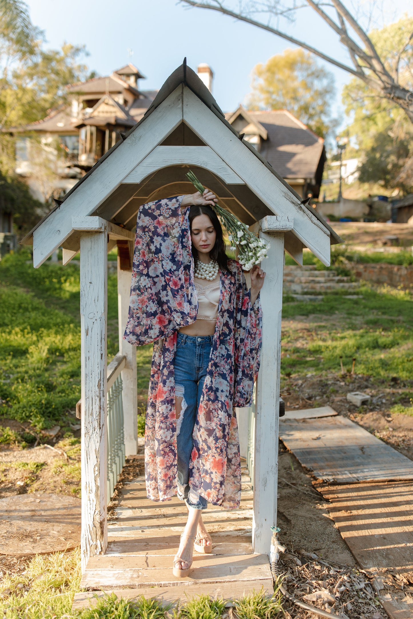 jennafer grace Calliope kimono semi-sheer pink red white floral on navy chiffon coverup wrap dress with pockets duster jacket robe boho bohemian hippie whimsical romantic beach poolside resort cabana lounge wear unisex handmade in California USA