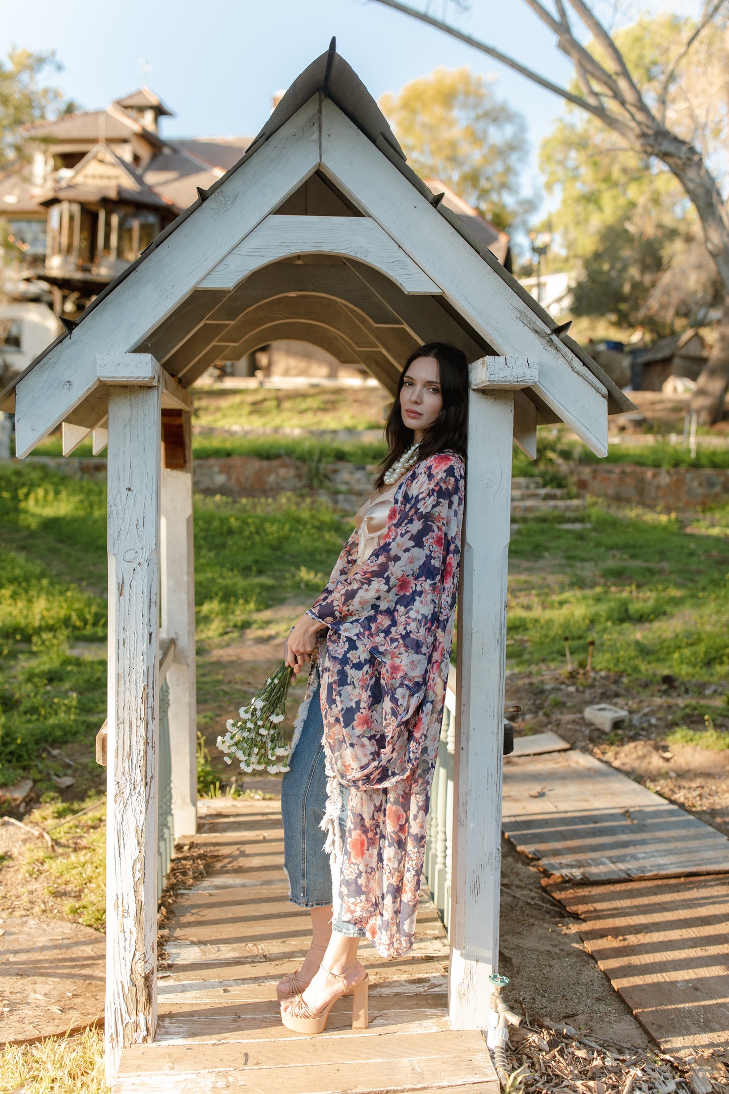 jennafer grace Calliope kimono semi-sheer pink red white floral on navy chiffon coverup wrap dress with pockets duster jacket robe boho bohemian hippie whimsical romantic beach poolside resort cabana lounge wear unisex handmade in California USA