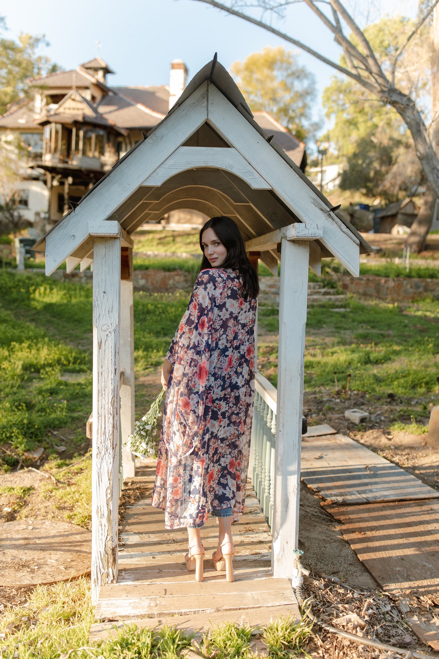 jennafer grace Calliope kimono semi-sheer pink red white floral on navy chiffon coverup wrap dress with pockets duster jacket robe boho bohemian hippie whimsical romantic beach poolside resort cabana lounge wear unisex handmade in California USA