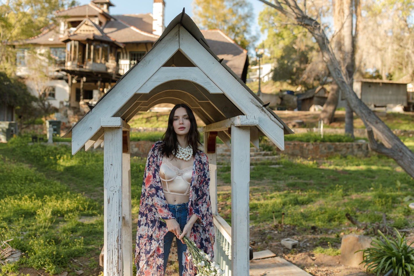 jennafer grace Calliope kimono semi-sheer pink red white floral on navy chiffon coverup wrap dress with pockets duster jacket robe boho bohemian hippie whimsical romantic beach poolside resort cabana lounge wear unisex handmade in California USA