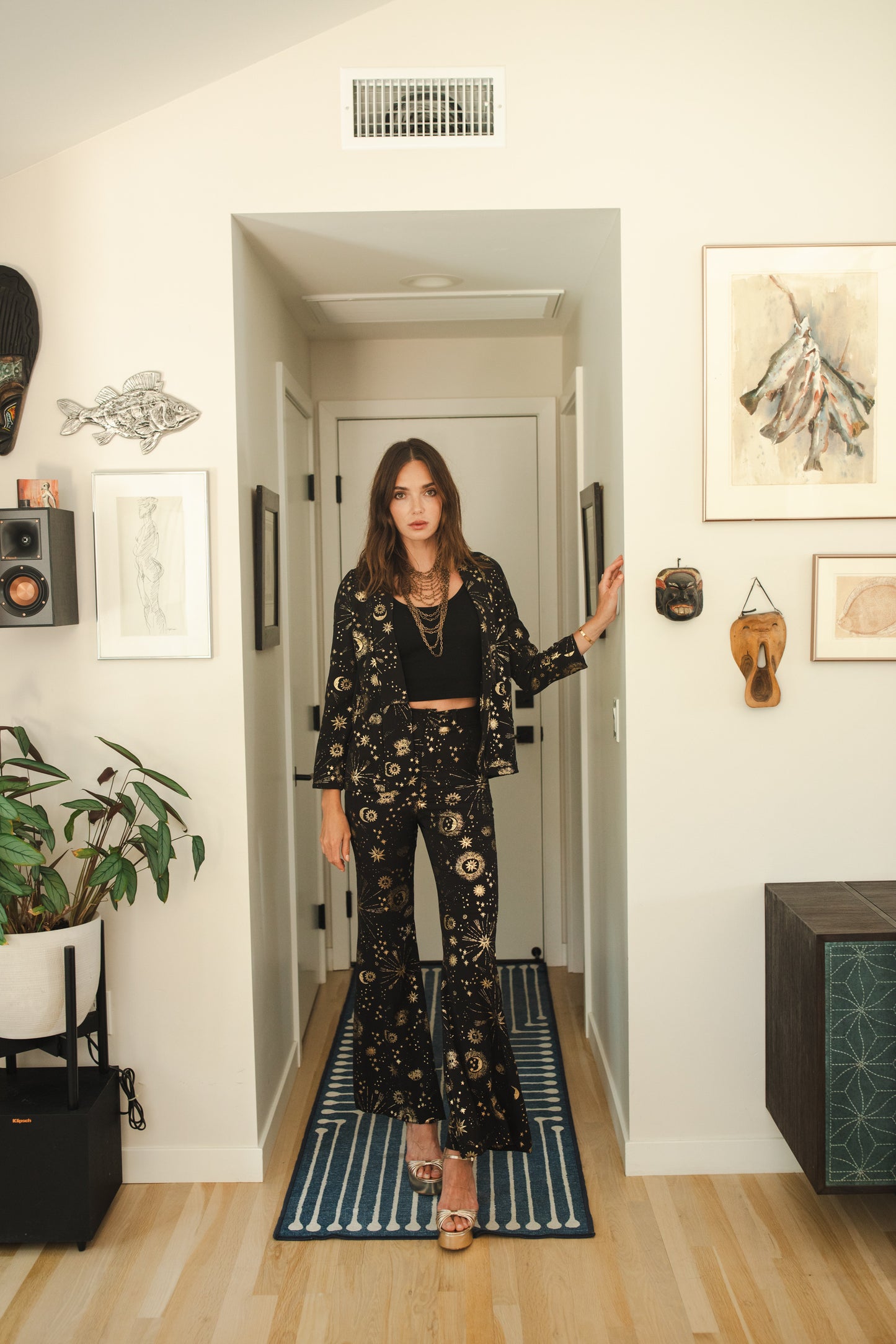 jennafer grace Celestia Bellbottoms black flared palazzo bellbottom with metallic gold foil celestial print astrological astronomy witchy gothic goth boho bohemian hippie romantic whimsical unisex handmade in California USA