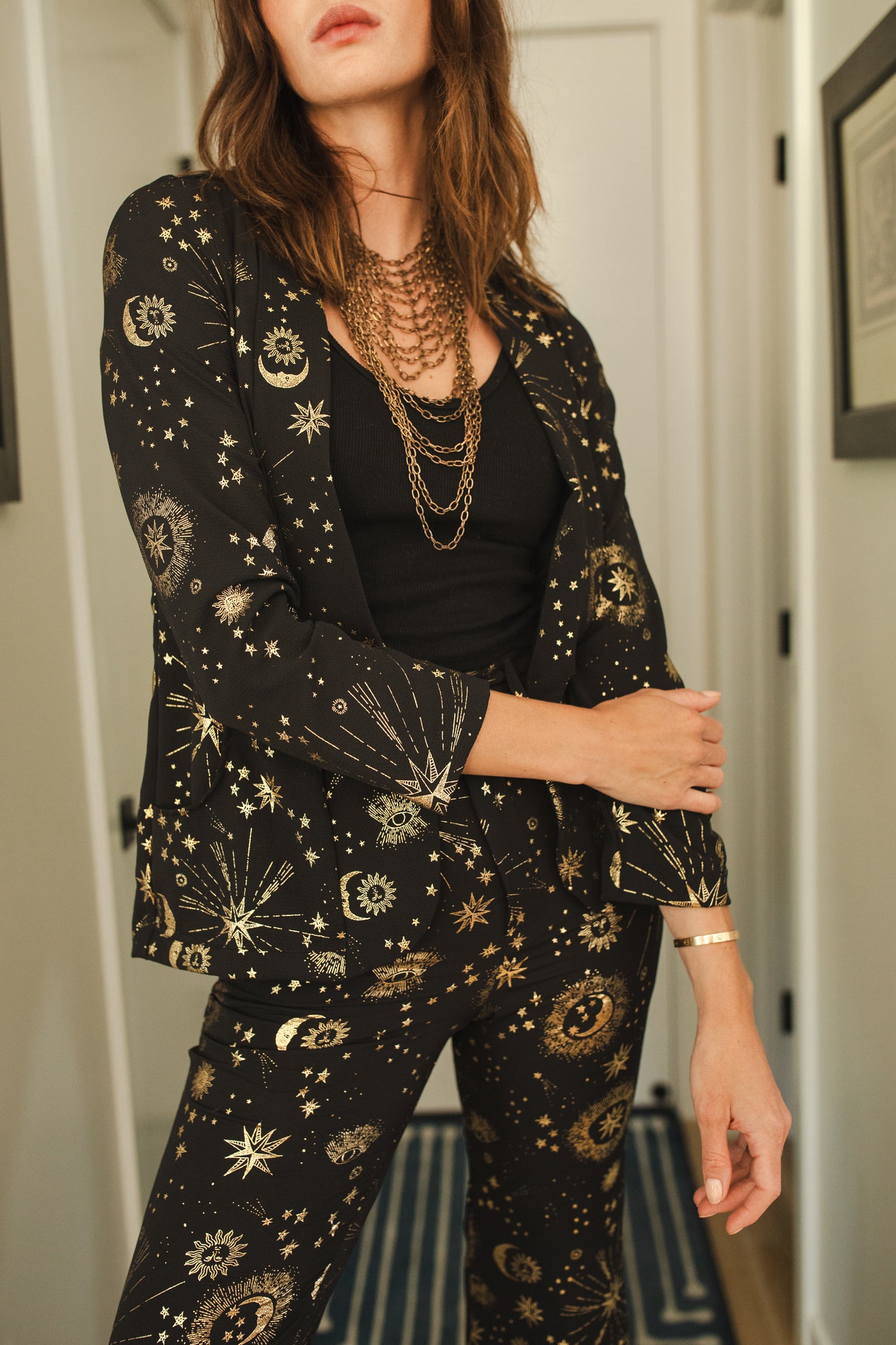 jennafer grace Celestia Blazer long-sleeve black blazer with metallic gold foil celestial print light jacket astrological astronomy witchy gothic goth boho bohemian hippie romantic whimsical unisex handmade in California USA