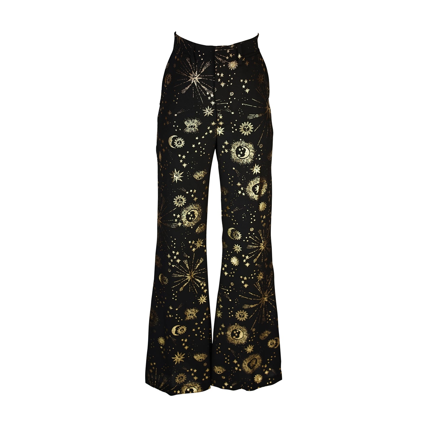 jennafer grace Celestia Bellbottoms black flared palazzo bellbottom with metallic gold foil celestial print astrological astronomy witchy gothic goth boho bohemian hippie romantic whimsical unisex handmade in California USA