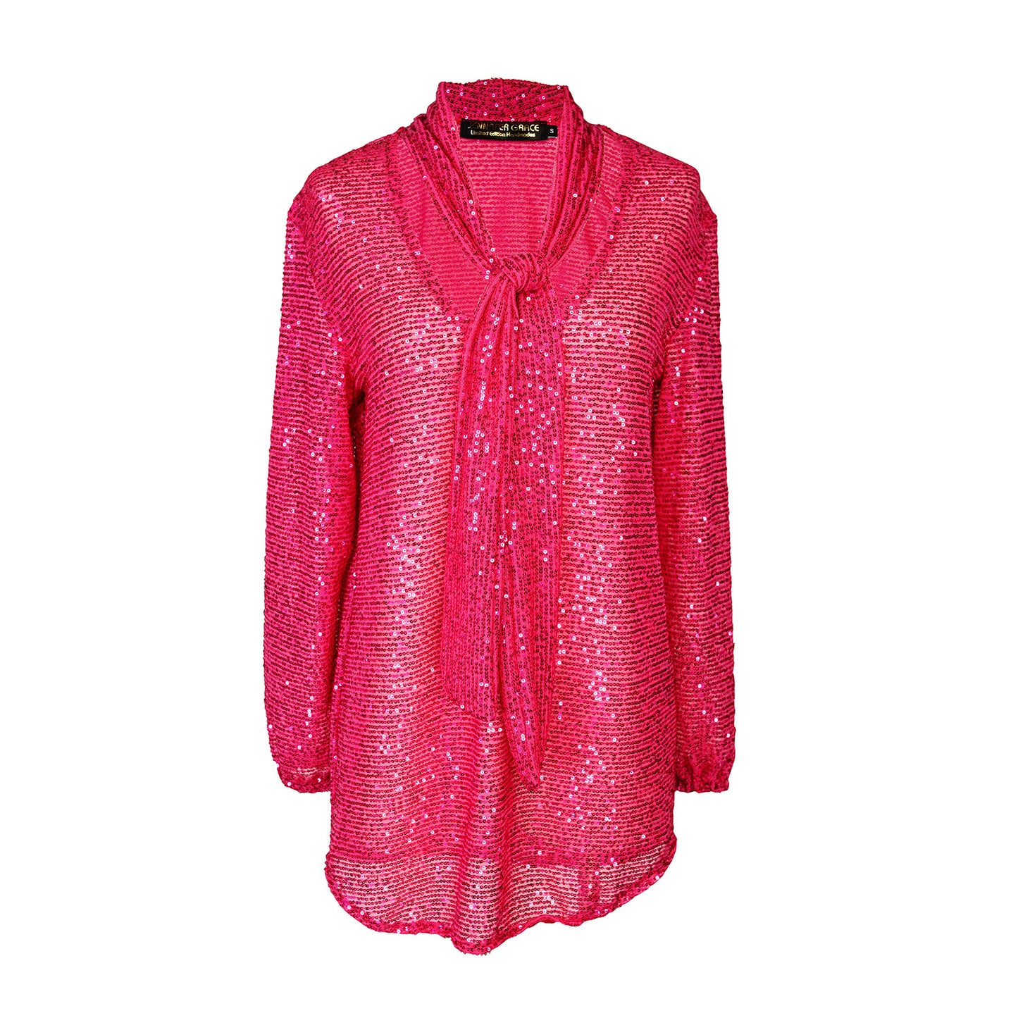 Shimmer and shine in the Cerise Sequin Tie Front Blouse. Its magenta sequin design will elevate any outfit, giving it a touch of glamorous sparkle. The tie front detail adds a touch of elegance and sass, making it perfect for special occasions or a night out on the town.