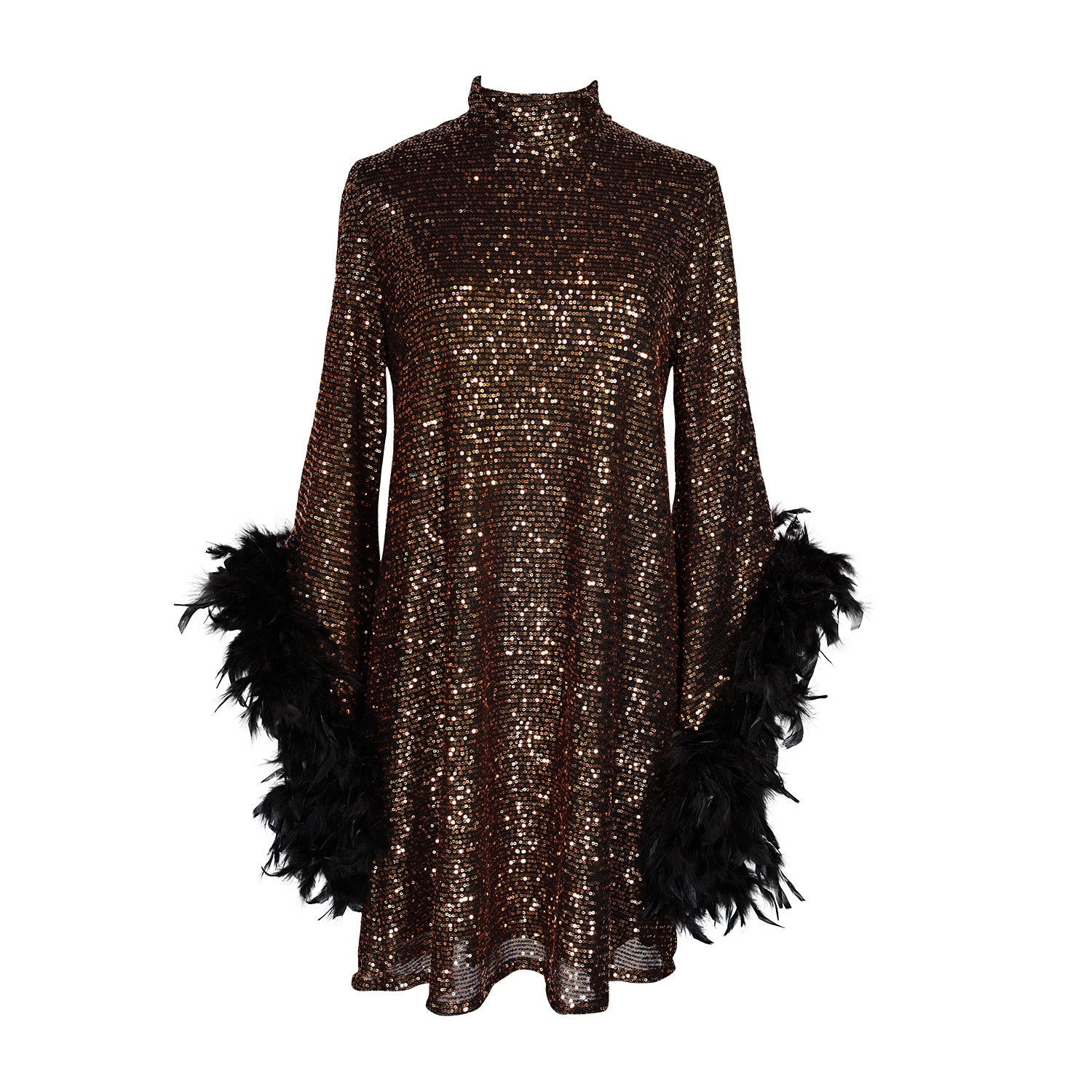 This shimmering copper flash mod mini dress has it all - glittering sequins, delicate mock neck, and long bell sleeves cuffed with black feathers. Retro 60s glam